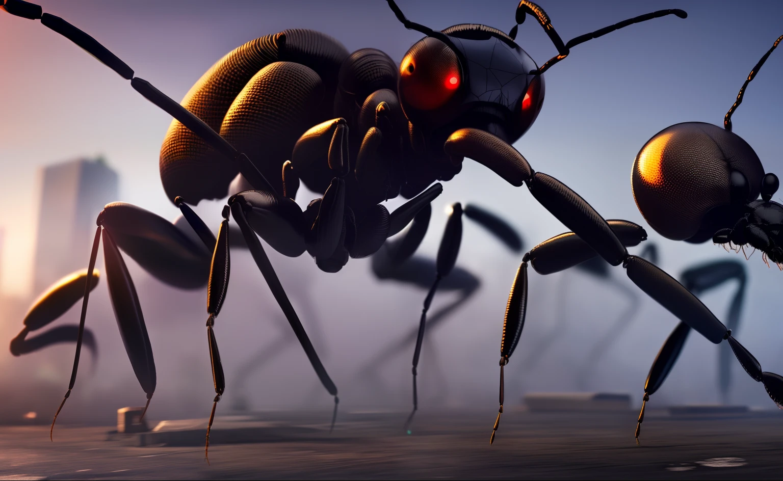 huge giant cyborg ant attacking a crowded cyberpunk city, macro_bug, (scared people running:1.3), cinematic lighting, intricate details