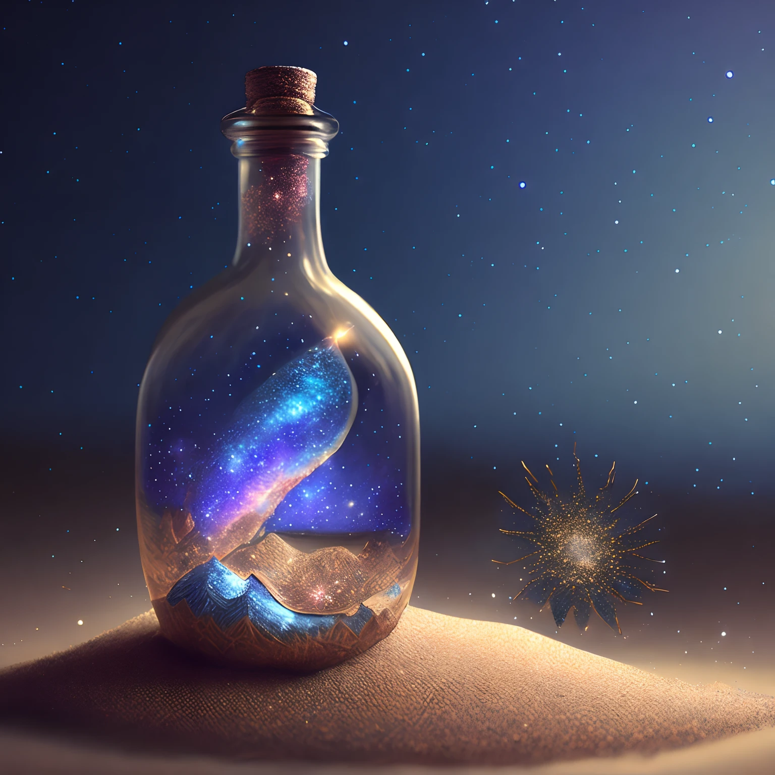 glass bottle sitting on top of a table| a photorealistic painting| pixels| conceptual art| stars and galaxies| highly detailed perfect render| light effect| modern fantasy| glittering multiversal ornaments| universe in a grain of sand| photo manipulation| beautiful composition