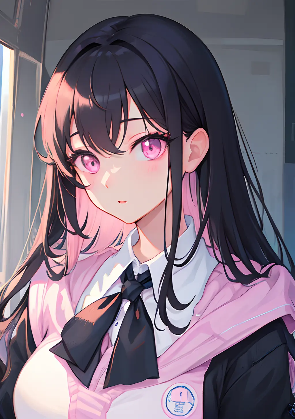 masterpiece, best quality, ultra-detailed, illustration, portrait, 1girl, black_hair, pink eyes, long hair, school uniform,