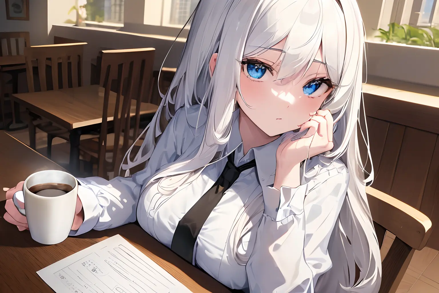 (masterpiece, best quality:1.3), ultra-detailed, ((an extremely delicate and beautiful)), (finely detailed beautiful face and eyes:1.2), cinematic lighting, overexposure, (1girl, solo), white hair, blue eyes, frizzy hair, long hair, slender, small breasts, (black cardigan:1.1), white shirts, black necktie, expressionless, indoors, (cafe:1.3), (coffee mug on table, pencil and paper on the table), depth of field