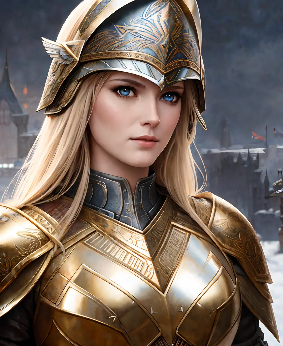 a beautiful portrait of a valkyrie wear armor helmet with detail eyes by Greg Rutkowski and Raymond Swanland, ultra realistic digital art, hyperdetailed intricate, castle
