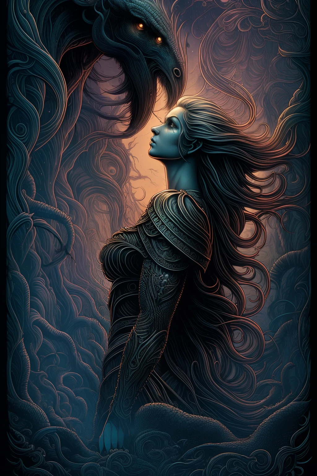 in profile (the beautiful nordic amazon woman one head with hair fluttering in the wind:1.1) portrait, dark forest, waterfall, sunset, symmetrical artistic sharp art, dan mumford style, hdr, realism, dark fantasy atmosphere, lovecraft style, (JimJorCrafLogo art style:1.3), (close up view),Sharp focus