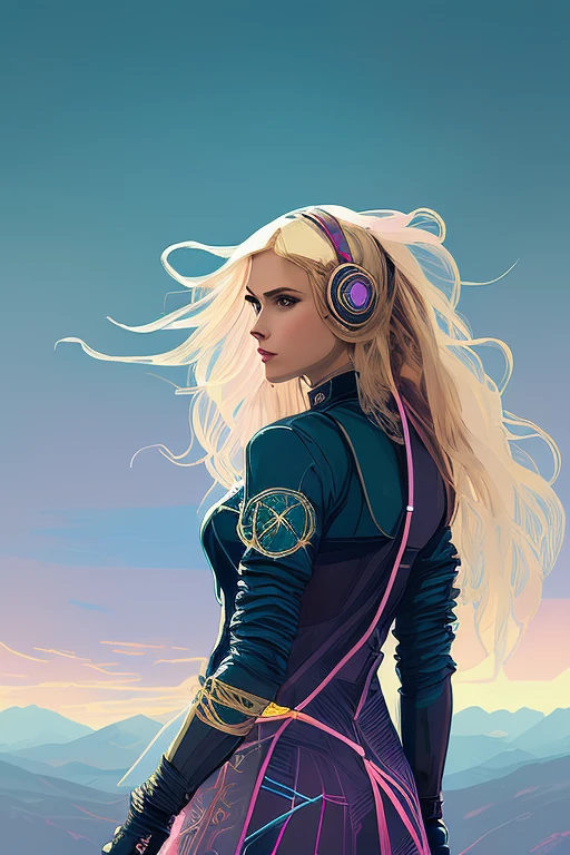 snthwve style nvinkpunk (symmetry:1.1) (portrait of floral:1.05) a photo of young (woman:1.5) with long transparent coat, (headphones:1.3), (blonde hair:1.5), (assassins creed style:0.8), pink and gold and opal color scheme, beautiful intricate filegrid facepaint, intricate, elegant, highly detailed, digital painting, artstation, concept art, smooth, sharp focus, illustration, art by greg rutkowski and alphonse mucha, 8k, theprince