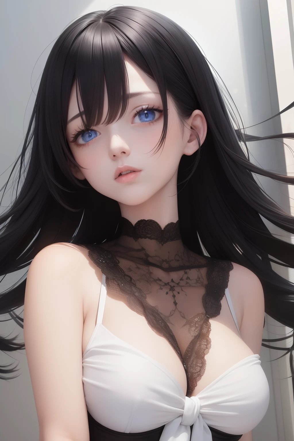 best quality, masterpiece,Black hair, blue eyes, looking up, upper body
