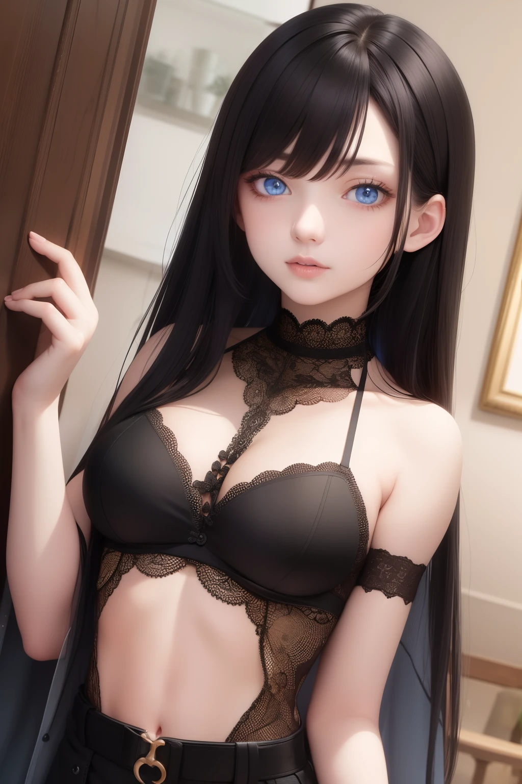 best quality, masterpiece,Black hair, blue eyes, looking up, upper body