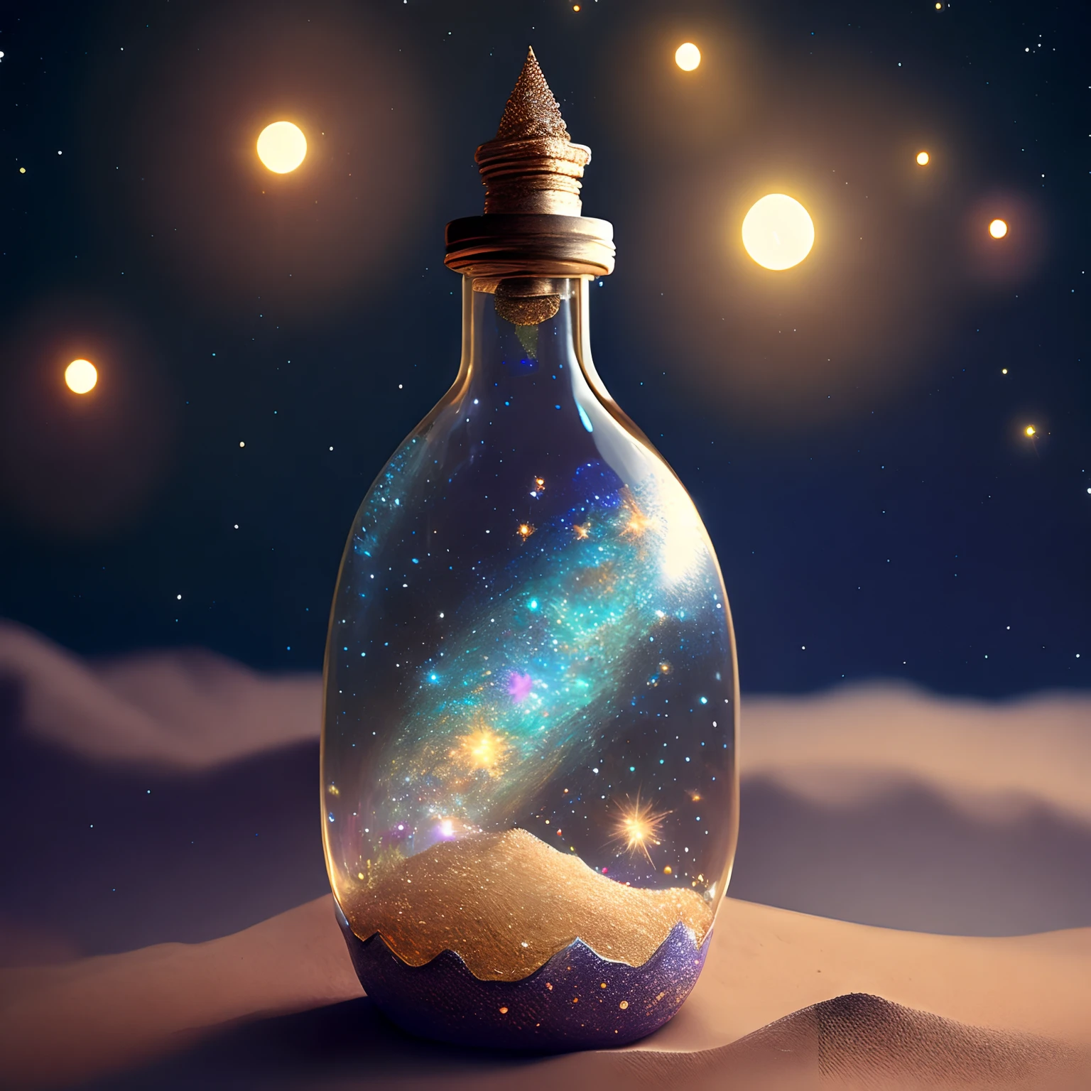 glass bottle sitting on top of a table| a photorealistic painting| pixels| conceptual art| stars and galaxies| highly detailed perfect render| light effect| modern fantasy| glittering multiversal ornaments| universe in a grain of sand| photo manipulation| beautiful composition