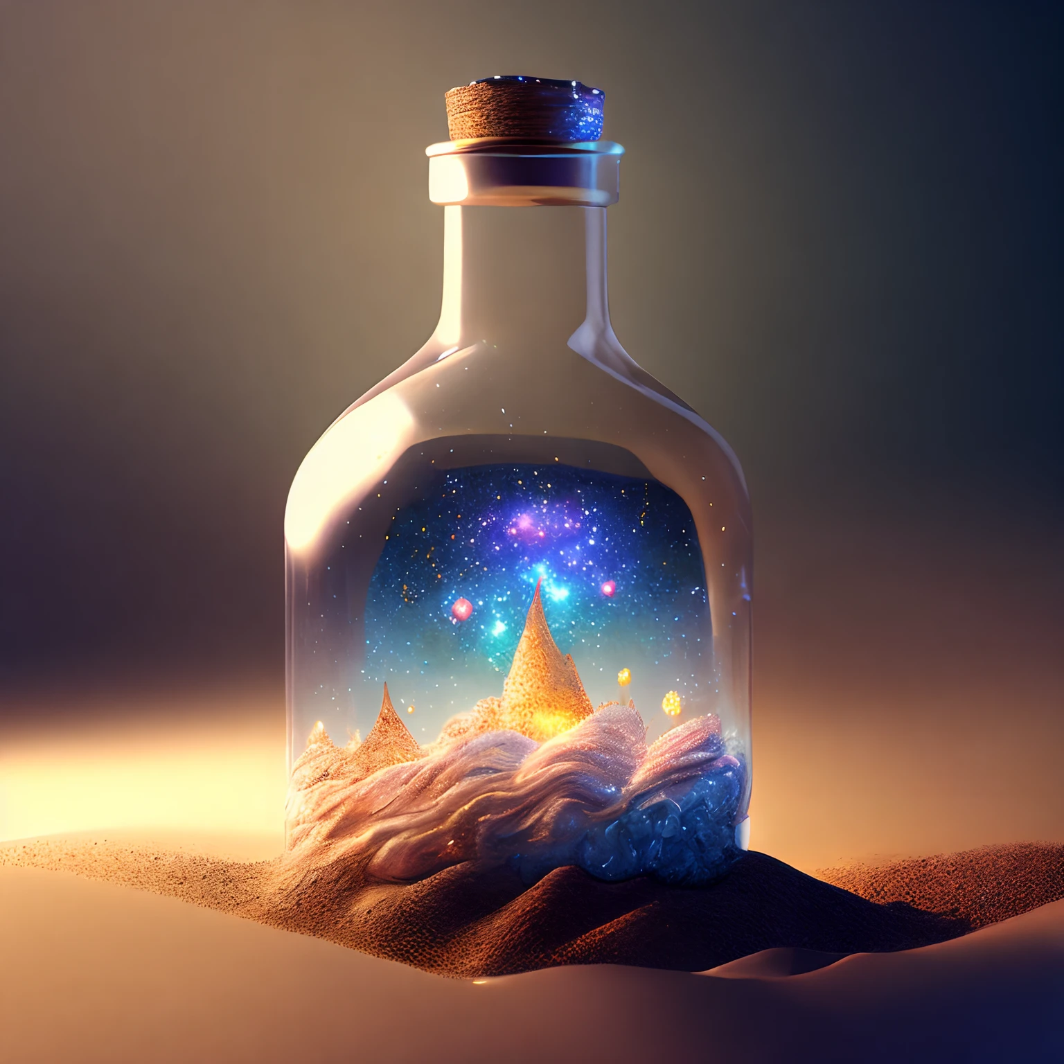 glass bottle sitting on top of a table| a photorealistic painting| pixels| conceptual art| stars and galaxies| highly detailed perfect render| light effect| modern fantasy| glittering multiversal ornaments| universe in a grain of sand| photo manipulation| beautiful composition