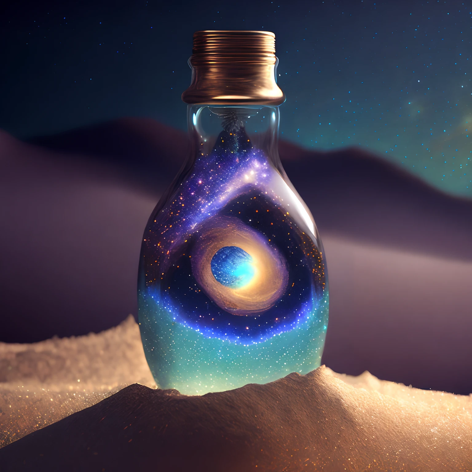 glass bottle sitting on top of a table| a photorealistic painting| pixels| conceptual art| stars and galaxies| highly detailed perfect render| light effect| modern fantasy| glittering multiversal ornaments| universe in a grain of sand| photo manipulation| beautiful composition