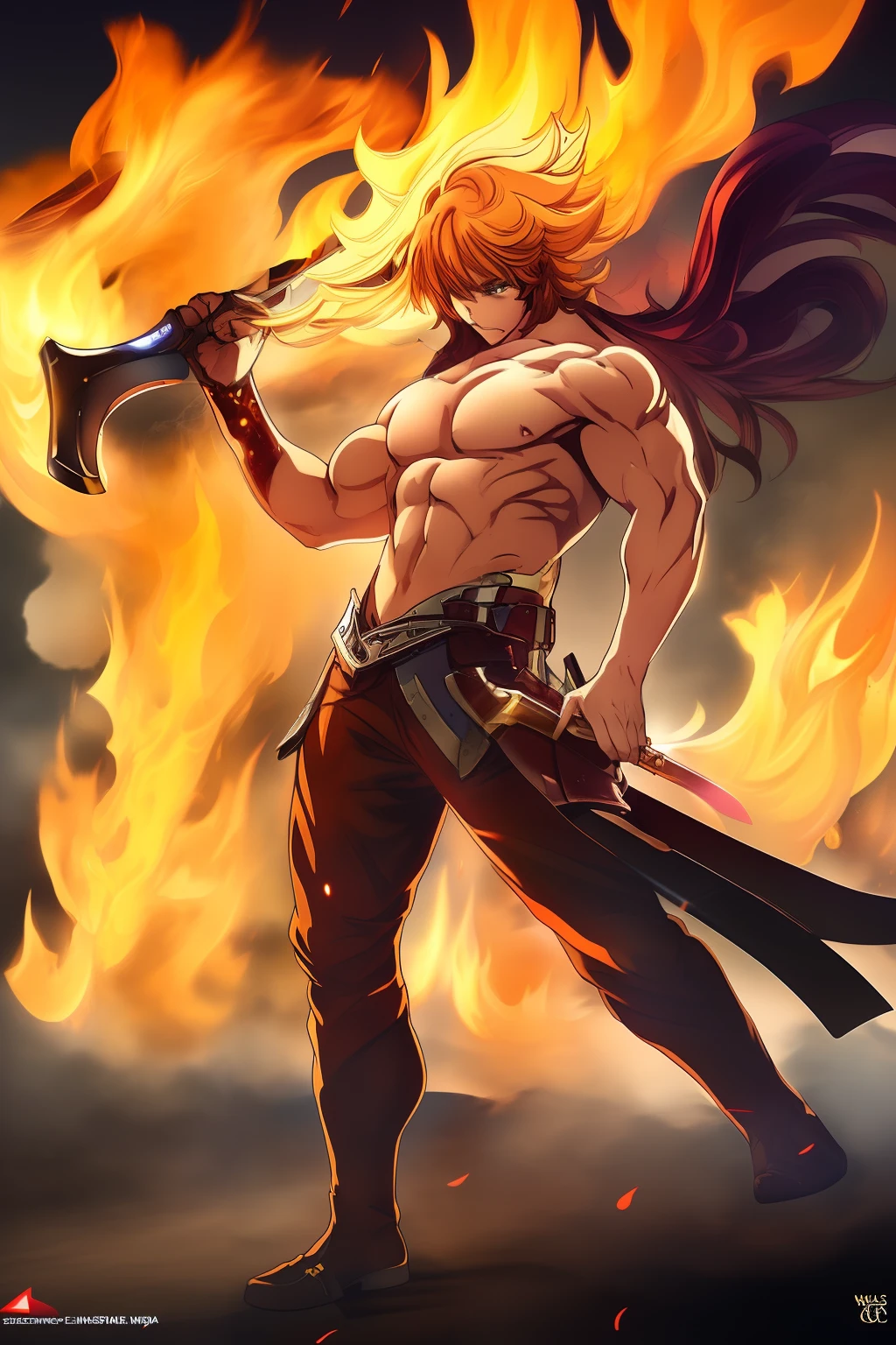 wilnas,  granblue fantasy, (masterpiece:1.5), (best quality:1.5), (high quality:1.5), (solo:1.27), (muscular male:1.27), (bara:1.27), satisfaction, happy, pleasure, (dynamic angle:1.21),(dynamic hair:1.27),(detailed pupils:1.21),looking at viewer, (dynamic pose:1.15), (beautiful detailed hands:1.21), illustration, (cinematic light:1.15), ultra detailed, (disheveled hair:1.34), big bulge, (large pectorals:1.3), pectoral cleavage, sidepec, (abs:1.3), (thighs:1.3), (bulky:1.2), novel_illustration, anime_screencap, flaming sword, explosion, male focus, fire, fiery wings, fiery hair, flame, pyrokinesis, breathing fire