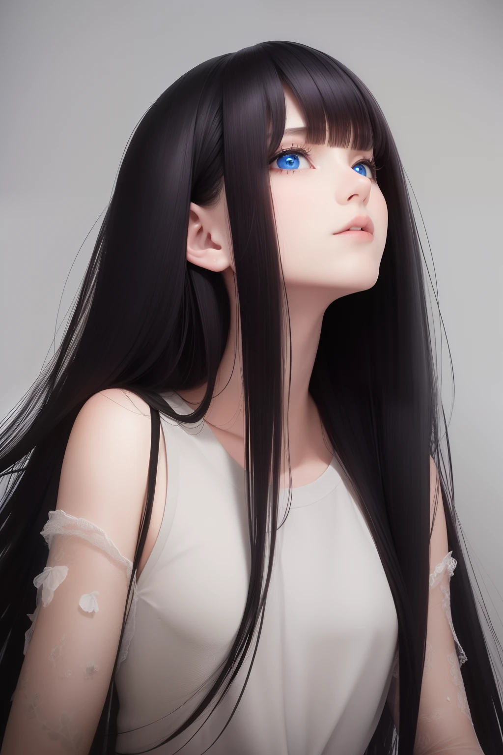 best quality, masterpiece,Black hair, blue eyes, looking up, upper body,long hair