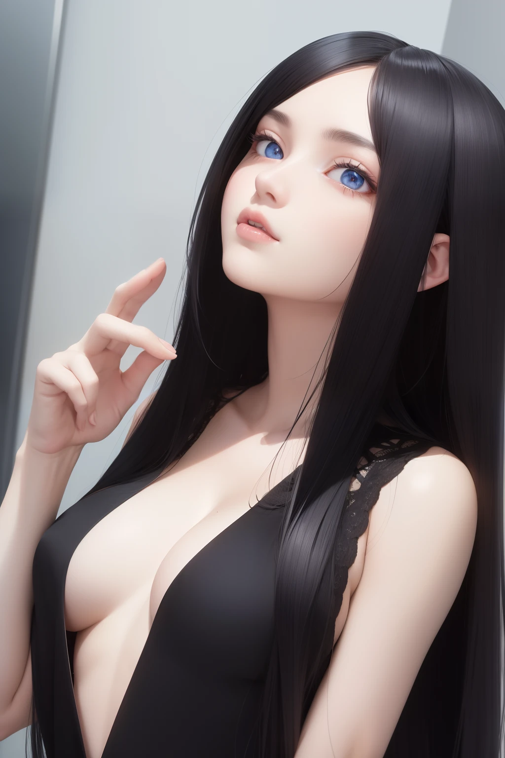 best quality, masterpiece,Black hair, blue eyes, looking up, upper body,long hair
