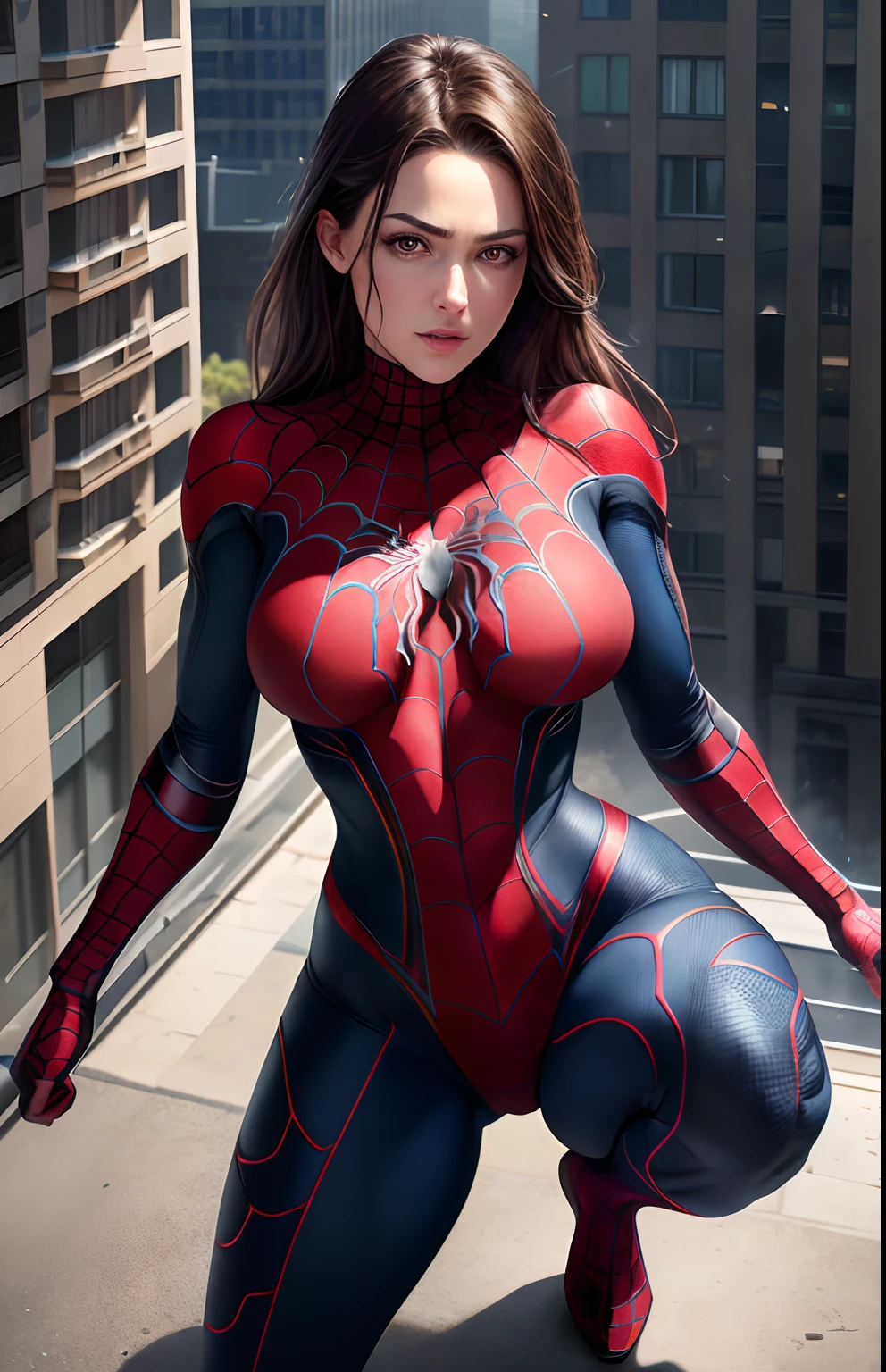 proportional eyes, (realistic:1.5),photorealistic, hyper realistic, (extremely detailed eyes), hyper detailed, soft lighting, (detailed background), extreme detail background, sharp details, ((full body)), female spider-man ripped open front of costume to reveal breasts, flushed face, hanging from side of building