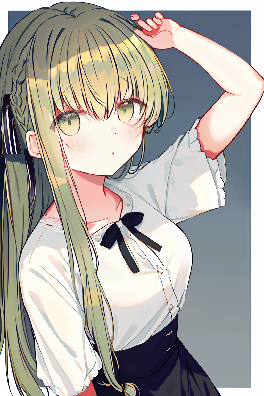 cecilia,1girl,alternate hairstyle,bangs,black ribbon,border,braid,collarbone,dutch angle,food,green eyes,green hair,hair ribbon,hands up,heart,holding,holding food,lace,lace-trimmed shirt,lace-trimmed sleeves,lace trim,long hair,looking at viewer,ribbon,shirt,solo,striped,tied hair,two-tone ribbon,white border,white ribbon,white shirt,yellow background