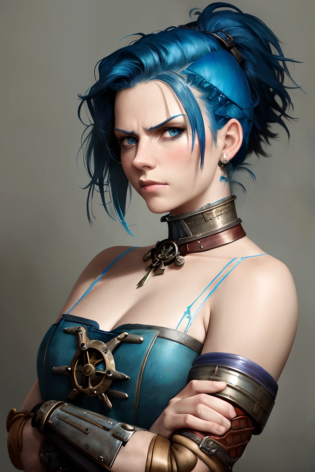 (photo_\(medium\):1.0), by Antonio J. Manzanedo, by Jeremy Lipking, 1girl, messy hair, blue hair, short hair, ponytail, banges, blue eyes, smug, eyelashes, standing, upper body, crossed arms, steampunk, sleeveless