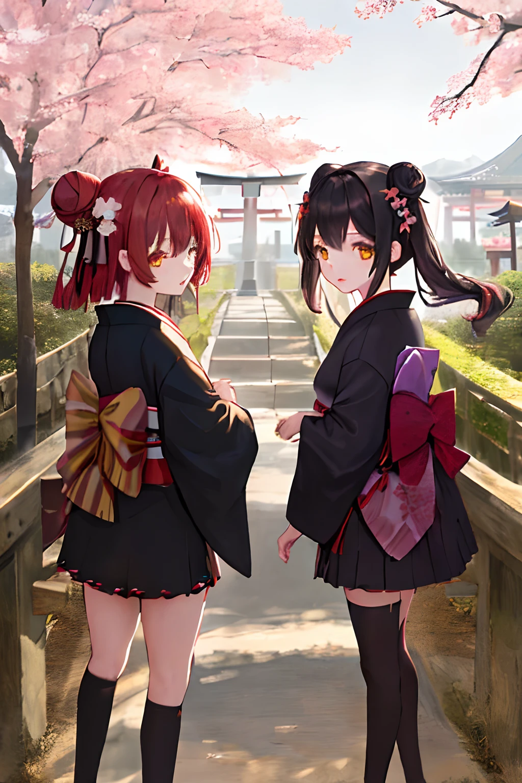 ((masterpiece,best quality)),2girls, black kimono, black legwear, black ribbon, black hair, cherry blossoms, day, flower, hair bun, hair ribbon, japanese clothes, kimono, long hair, looking at viewer, looking back, multiple girls, obi, outdoors, red eyes, red hair, ribbon, sandals, single hair bun, stairs, standing, statue, torii, tree, white kimono, yellow eyes