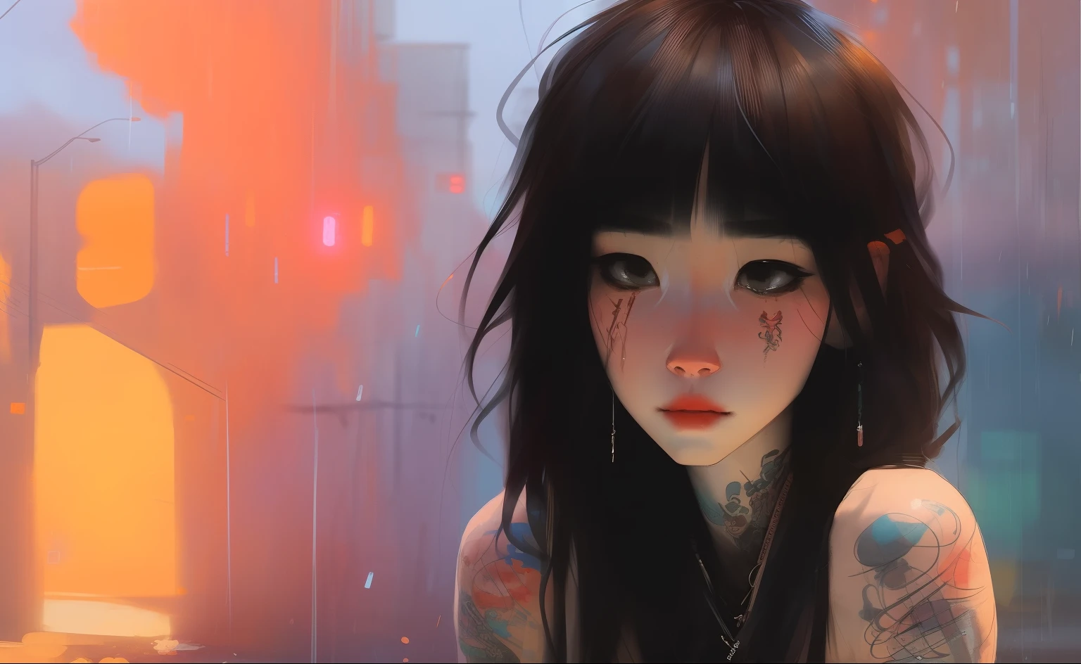 samdoesarts; full shot of a woman standing colourful makeup, long hair with bangs, tattoos, hoodie, city street, raining by Jeremy Mann, matth�us merian the elder, Pino Daeni, robert rauschenber, by beksinski