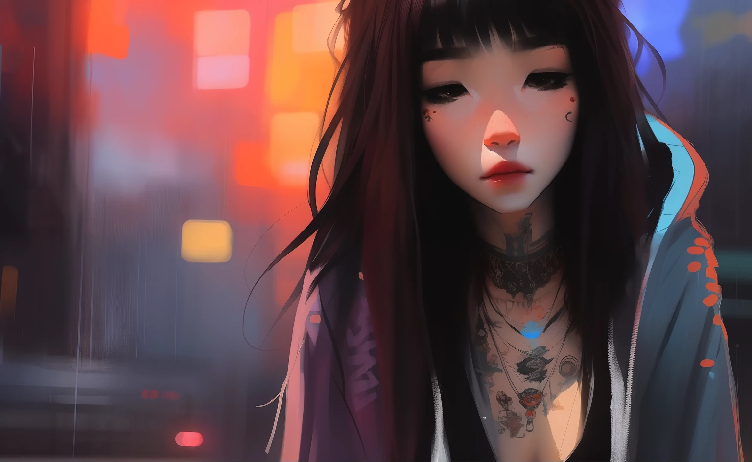 samdoesarts; full shot of a woman standing colourful makeup, long hair with bangs, tattoos, hoodie, city street, raining by Jeremy Mann, matth�us merian the elder, Pino Daeni, robert rauschenber, by beksinski