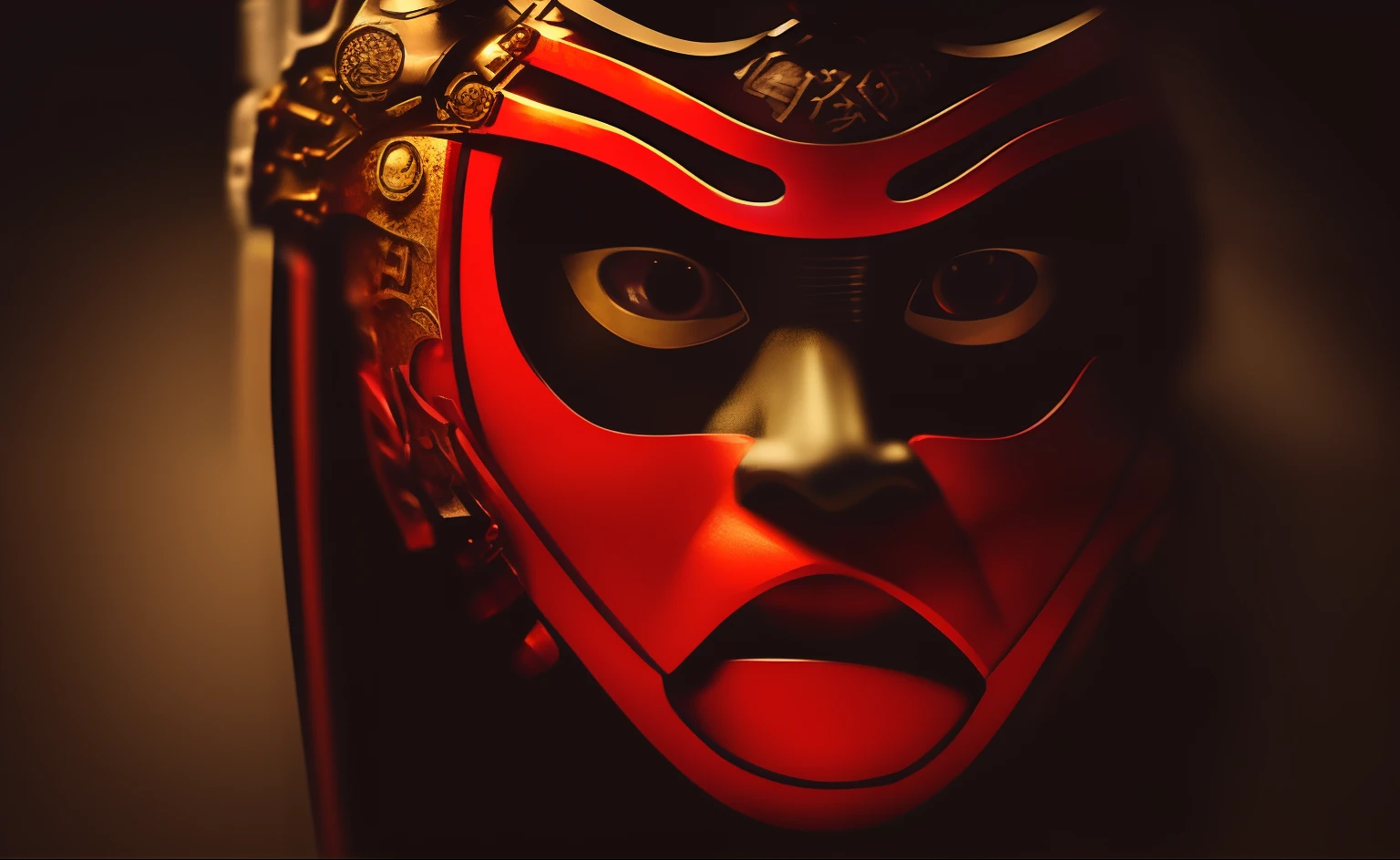 A powerful warrior stands tall, wearing traditional Japanese armor and wielding a katana. The most striking feature is the fearsome Japanese Oni Demon mask covering the warrior's face, instilling both respect and terror. The portrait is captured with these camera settings: f/2.8, 1/200s, ISO 100, and 85mm focal length, providing sharp focus on the subject and a beautifully blurred background. The scene is dramatically lit, with a single key light source creating strong shadows and accentuating the mask's menacing features, while a dimly lit background adds to the intensity of the composition.