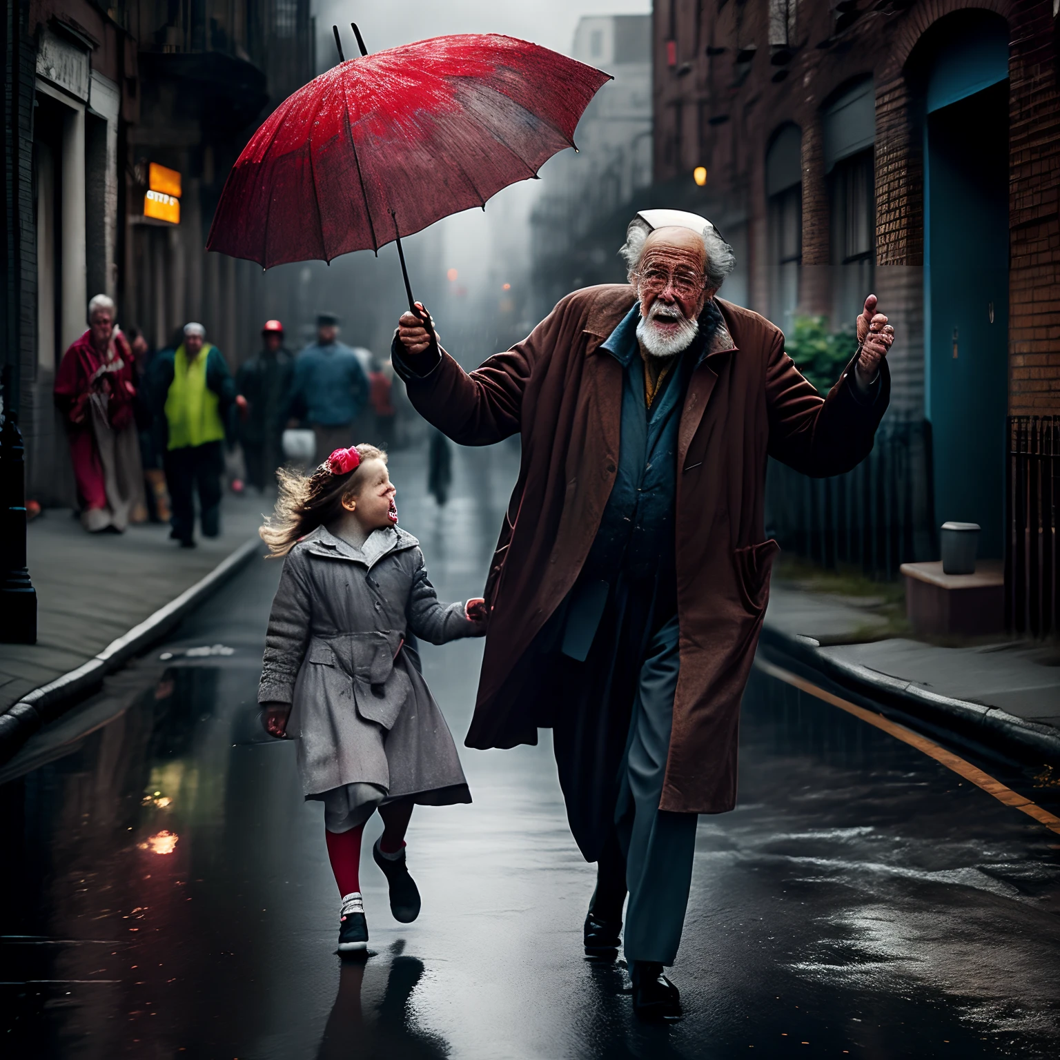 full scene photography, a really old man is dancing happily, with full energy and Happiness, in the wet street. Wearing an old torn tails and a top hat. a little girl about 4 years old, with a colorful umbrella standing a few meters beside the man and looks at him in amazement. The girl is wearing a red floral dress and white sandals. Location is the Bronx in America, gloomy atmosphere .the realistic ,detailed photo in high quality, very detailed,