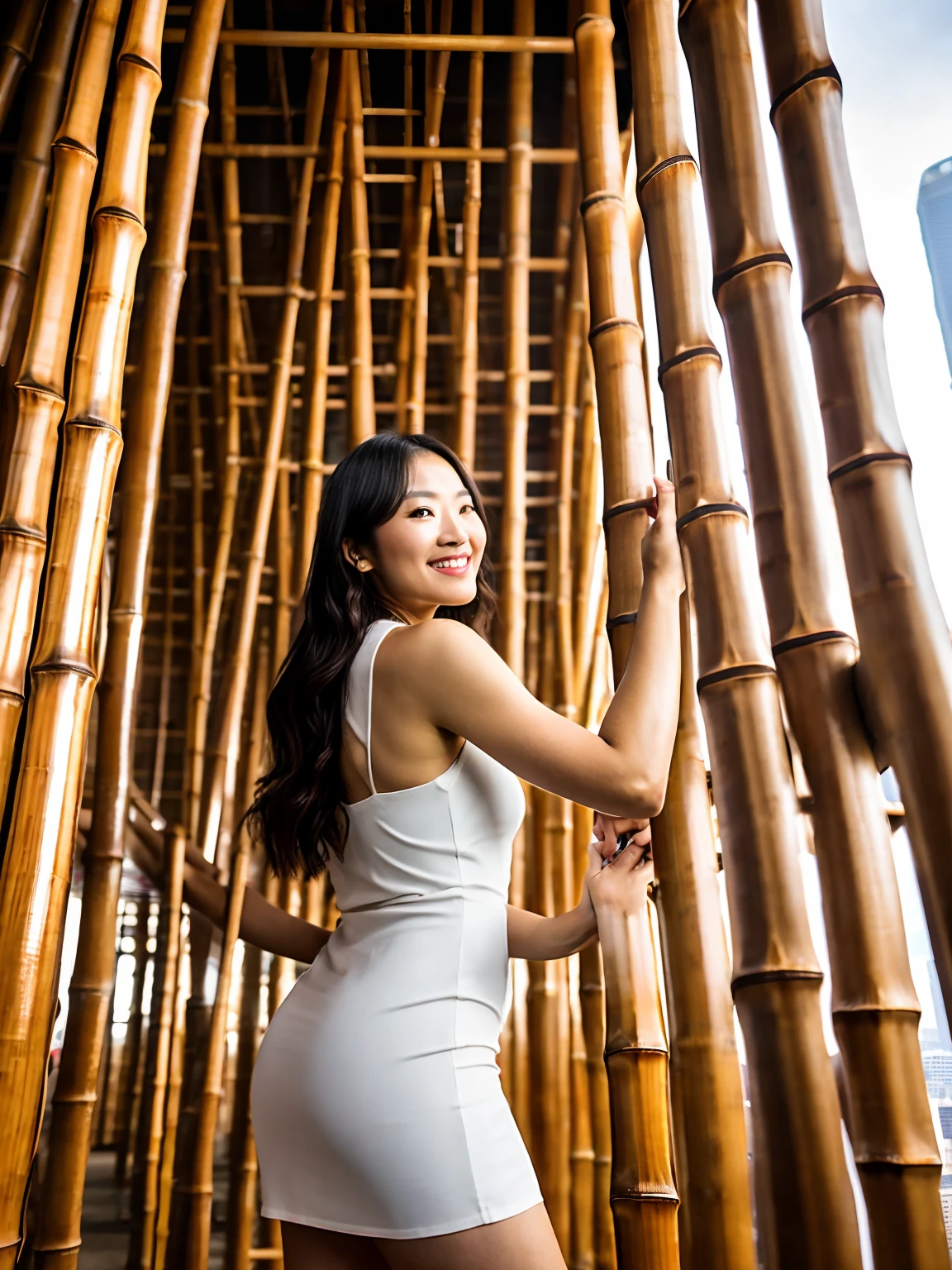 Realistic photo of a beautiful Taiwanese female, full body, 23 years old, face detail, big and clear and bright eyes, big smile, cute face, long dark hair, dark eyes, brown eyes, long legs, low v - cut tight short dress, white dress, looking at viewer, climbing bamboo scaffolding at a construction site in Hong Kong, by Li Wei, Unsplash featured, city skyline, unique perspective, bamboo structure, playful panda, urban wildlife, high resolution image, Asian architecture, hyper-realistic, hyper-detailed, distinct, photo real, portrait, shoot by Lecia Camera, cinematic lighting, enhanced 8k 3D render, no graphics, 2:3