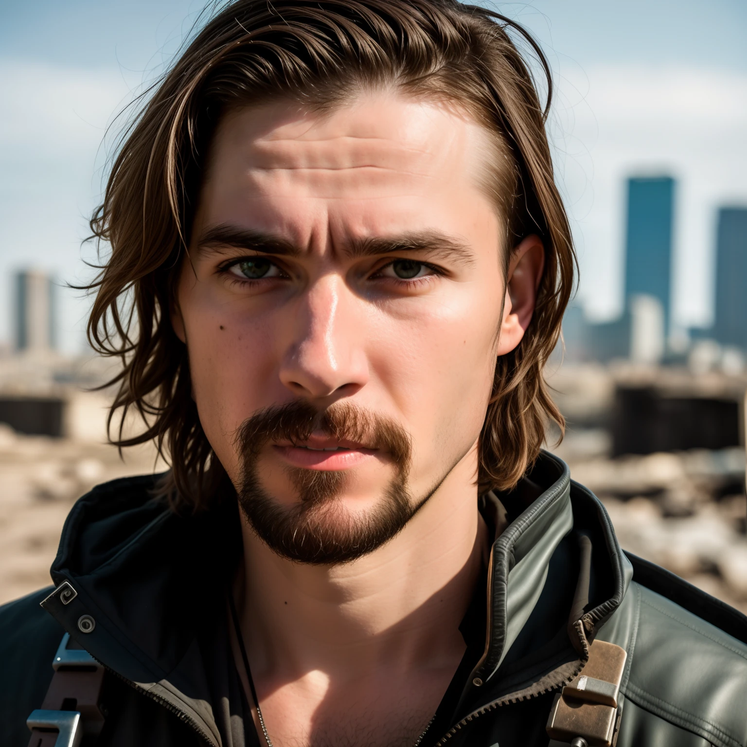 RAW photo, a close up portrait photo of brutal 45 y.o man in wastelander clothes, long haircut, pale skin, slim body, background is city ruins, (high detailed skin:1.2), 8k uhd, dslr, soft lighting, high quality, film grain, Fujifilm XT3