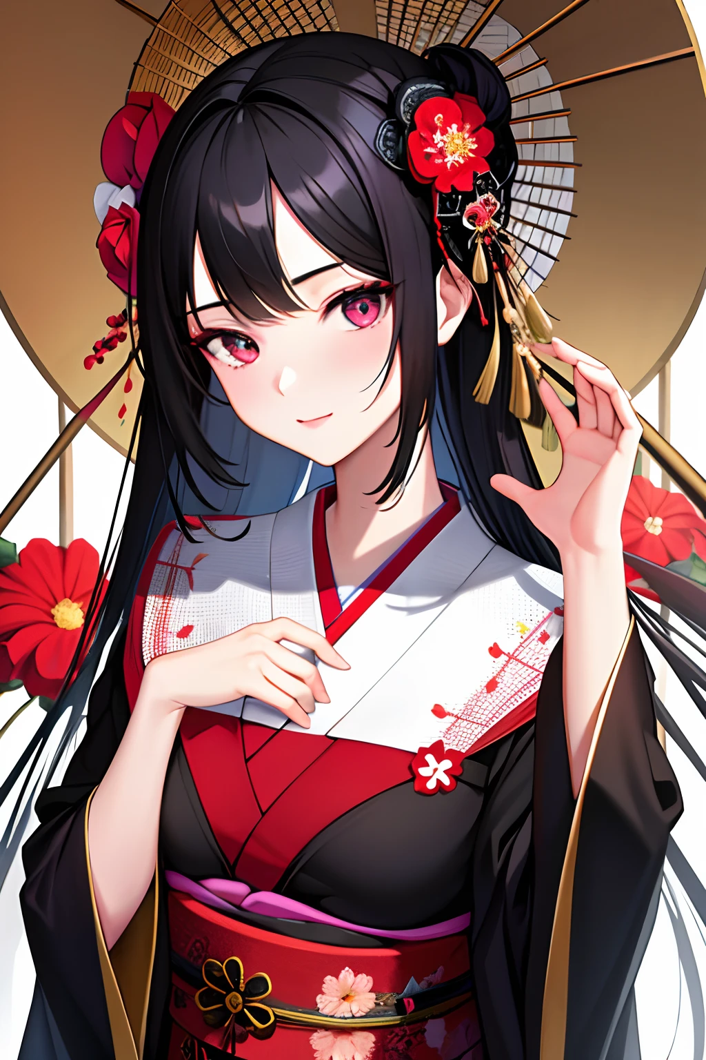 masterpiece,best quality,absurdres,original,extremely delicate and beautiful,beautiful detailed eyes and face,1girl, black_hair, flower, japanese_clothes, looking_at_viewer, mole, red_flower, solo,(masterpiece:1.4),(best quality:1.4)