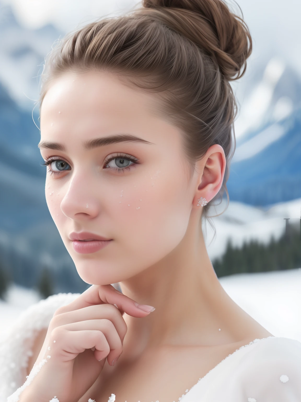 best ratio four finger and one thumb, attractive stunning Ukrainian woman, (messy bun),  skin pores, behind glacial mountains, snow, (high detailed skin:1.1), film grain, Fujifilm XT3, (high detailed face:1.1), (soothing tones:1.25), (hdr:1.25), (artstation:1.2), dramatic, (intricate details:1.14), (hyperrealistic 3d render:1.16), (filmic:0.55), (rutkowski:1.1), (faded:1.3), ((partially exposed nipples))