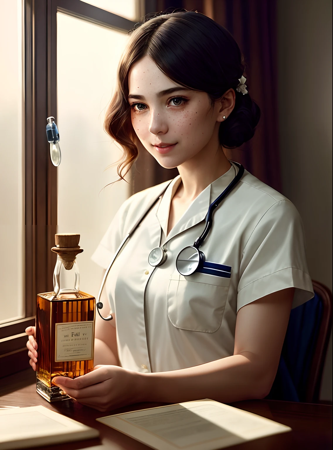 full shot body photo of the most beautiful artwork in the world featuring ww2 nurse holding a liquor bottle sitting on a desk nearby, smiling, freckles, white outfit, nostalgia, sexy, stethoscope,  heart professional majestic oil painting by Ed Blinkey, Atey Ghailan, Studio Ghibli, by Jeremy Mann, Greg Manchess, Antonio Moro, trending on ArtStation, trending on CGSociety, Intricate, High Detail, Sharp focus, dramatic, photorealistic painting art by midjourney and greg rutkowski