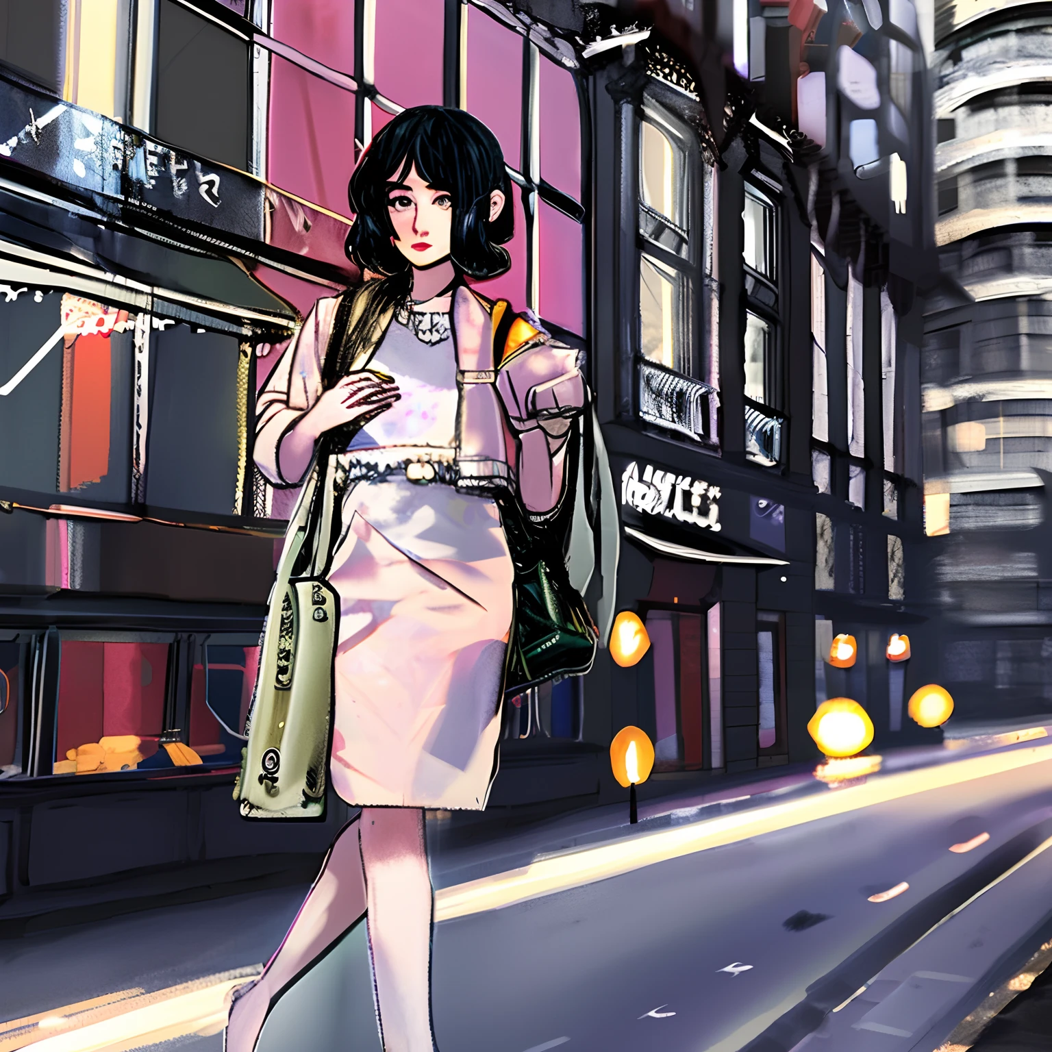 cmodel, digital illustration, full body, japanese streetwear, young female, skinny, (midriff:1.3), detailed city background, cinematic lighting, bloom, smooth, depth of field, (detailed eyes and face, masterpiece, best quality, high detail, high quality:1.3)