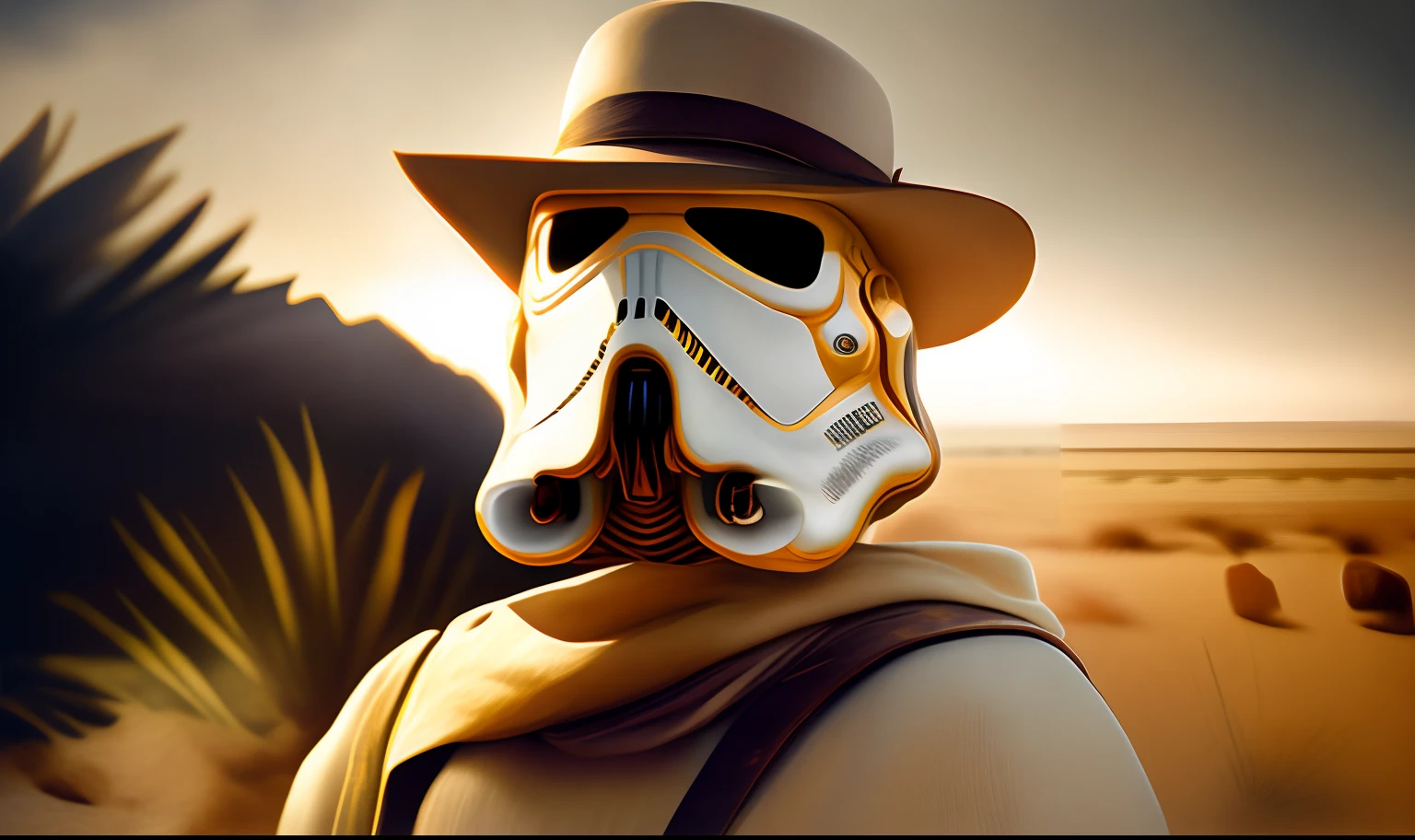 photo portrait of a stormtrooper dressed as Indiana jones on a safari in the savanna, rembrandt light, dramatic sky, exotic animals