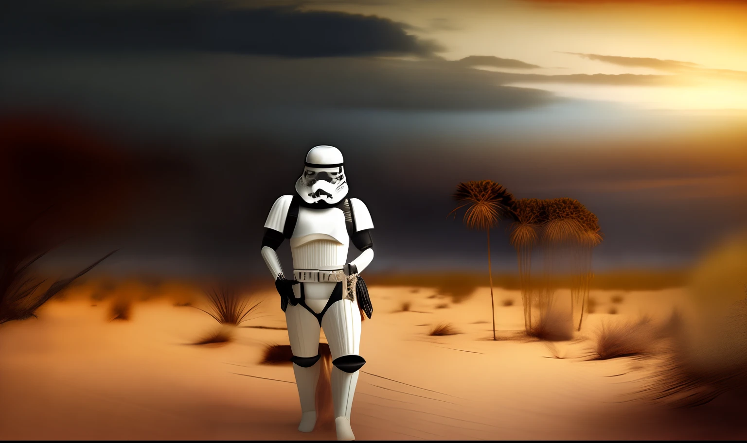 photo portrait of a stormtrooper dressed as Indiana jones on a safari in the savanna, rembrandt light, dramatic sky, exotic animals