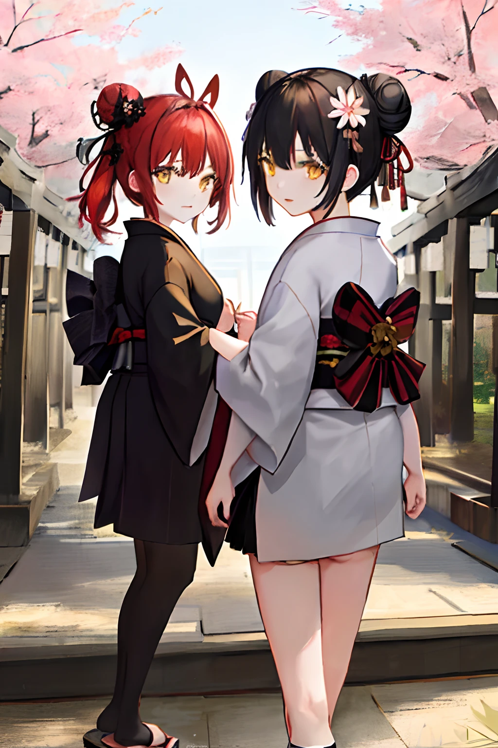 ((masterpiece,best quality)),2girls, black kimono, black legwear, black ribbon, black hair, cherry blossoms, day, flower, hair bun, hair ribbon, japanese clothes, kimono, long hair, looking at viewer, looking back, multiple girls, obi, outdoors, red eyes, red hair, ribbon, sandals, single hair bun, stairs, standing, statue, torii, tree, white kimono, yellow eyes