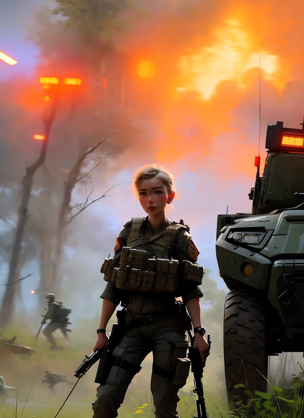 samdoesarts;  an image of woman with short blonde hair, with military gear, cargo pants, (intricate), (detailed), digital art,  dynamic pose, in a battlefield  by Jeremy Mann, matth�us merian the elder, Pino Daeni, robert rauschenber, by beksinski