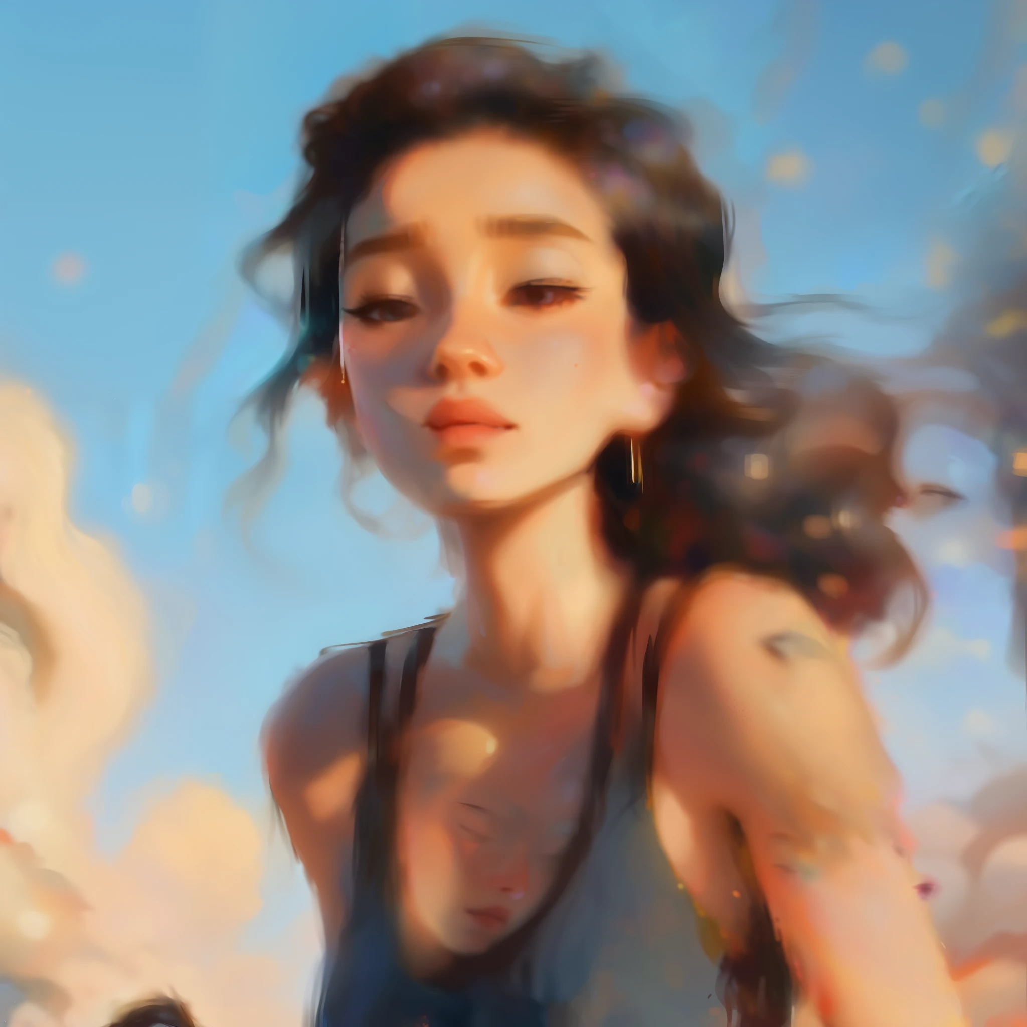 samdoesarts style award winning half body portrait of a beautiful woman in a croptop and cargo pants with ombre navy blue teal hairstyle with head in motion and hair flying, paint splashes, splatter, outrun, vaporware, shaded flat illustration, digital art, trending on artstation, highly detailed, fine detail, intricate