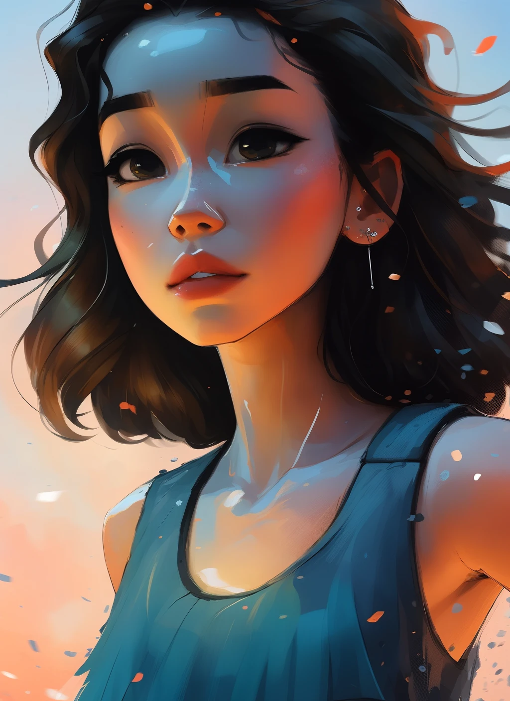 samdoesarts style award winning half body portrait of a beautiful woman in a croptop and cargo pants with ombre navy blue teal hairstyle with head in motion and hair flying, paint splashes, splatter, outrun, vaporware, shaded flat illustration, digital art, trending on artstation, highly detailed, fine detail, intricate