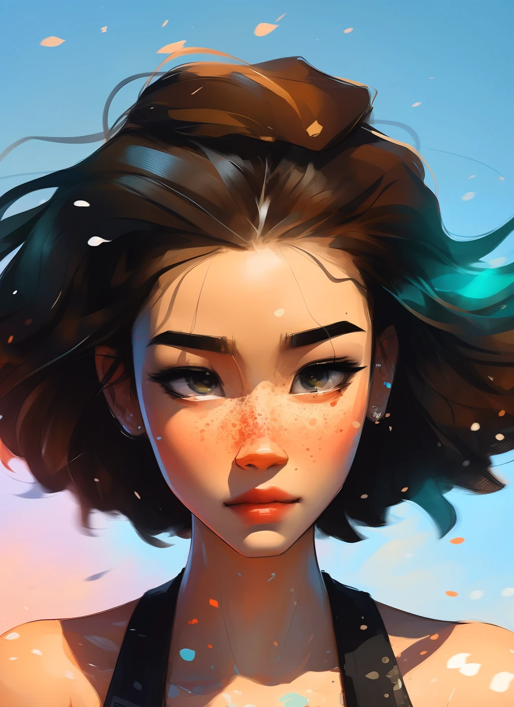 samdoesarts style award winning half body portrait of a beautiful woman in a croptop and cargo pants with ombre navy blue teal hairstyle with head in motion and hair flying, paint splashes, splatter, outrun, vaporware, shaded flat illustration, digital art, trending on artstation, highly detailed, fine detail, intricate