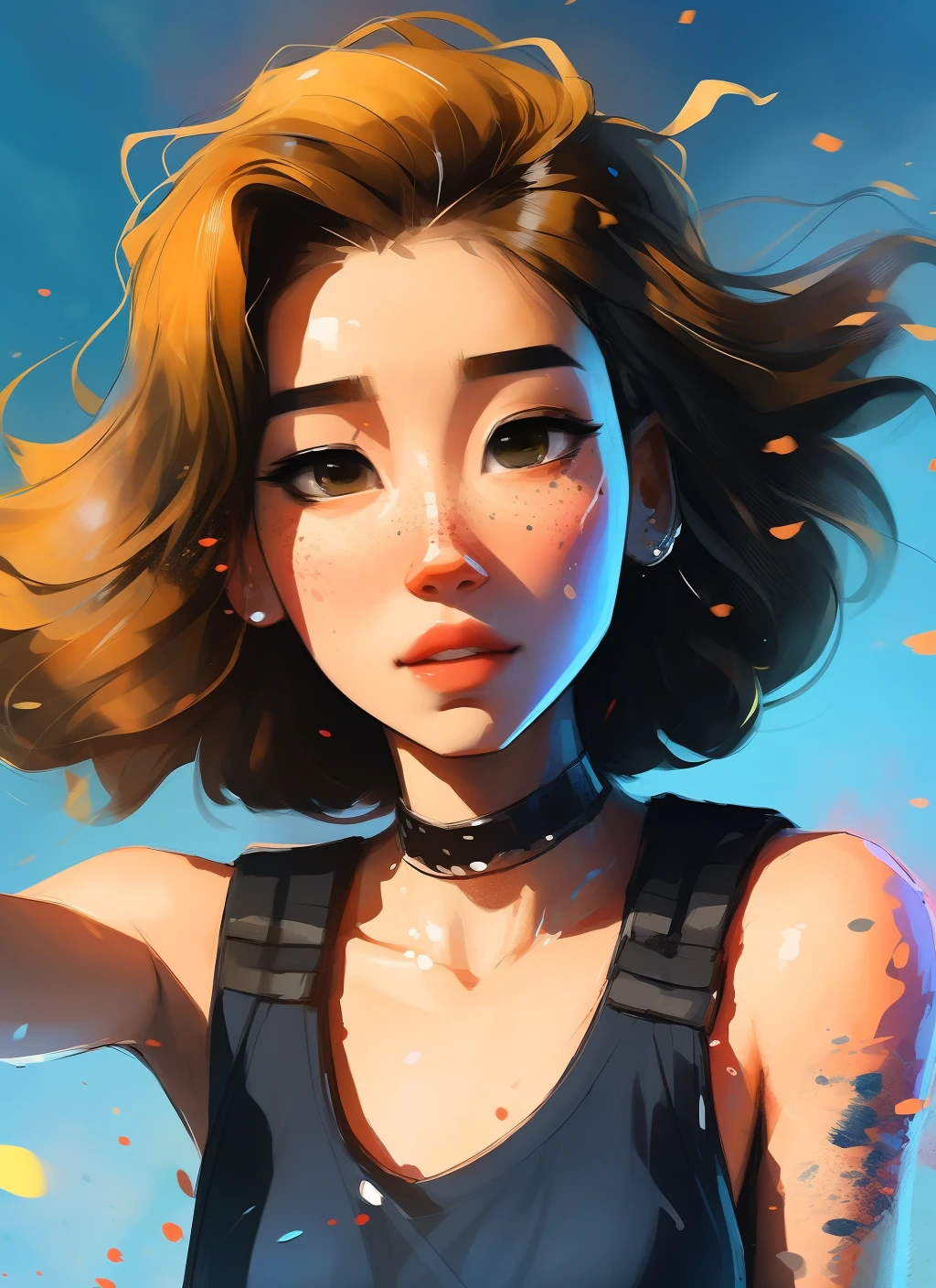 samdoesarts style award winning half body portrait of a beautiful woman in a croptop and cargo pants with ombre navy blue teal hairstyle with head in motion and hair flying, paint splashes, splatter, outrun, vaporware, shaded flat illustration, digital art, trending on artstation, highly detailed, fine detail, intricate