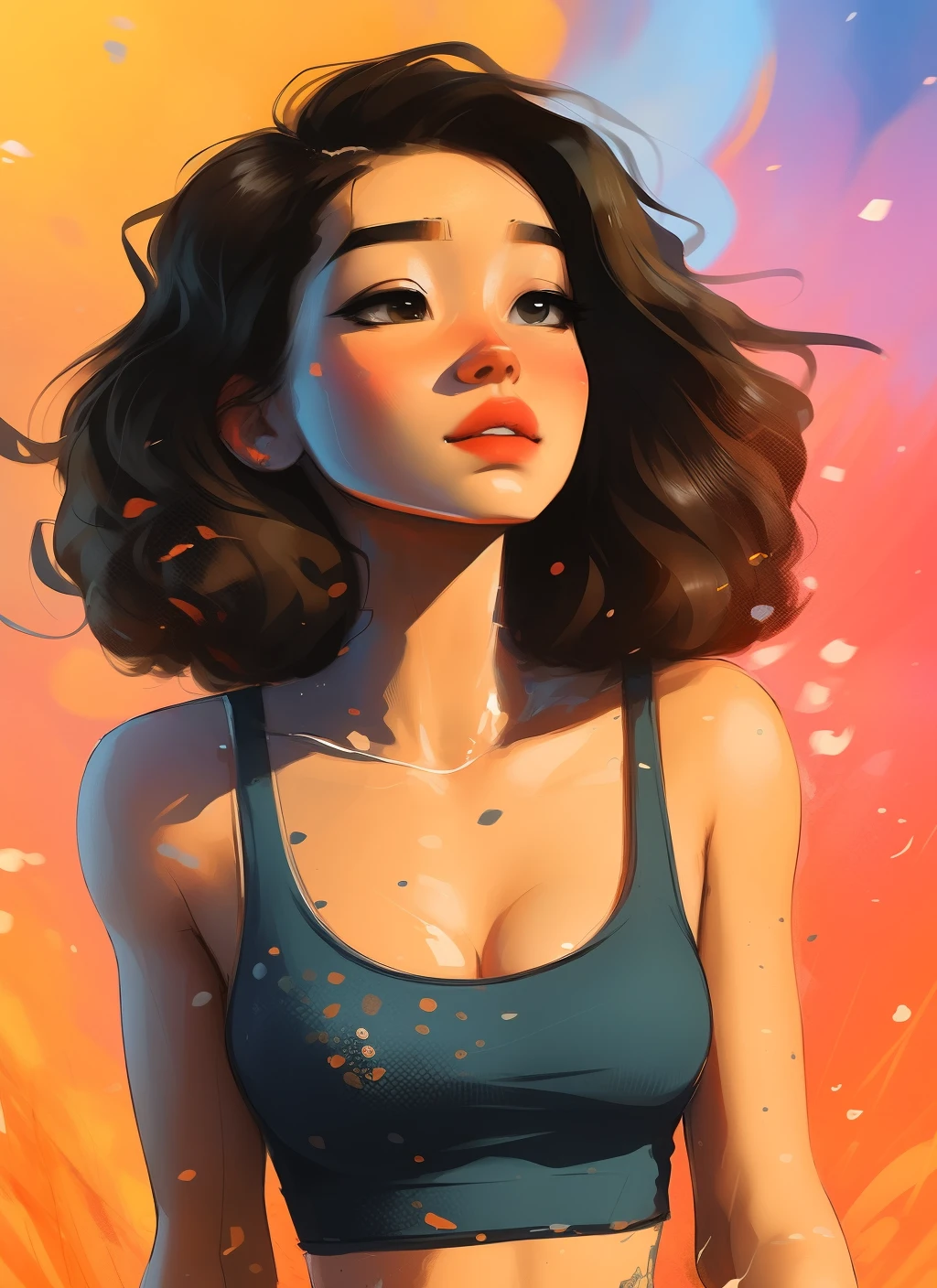 samdoesarts style award winning half body portrait of a beautiful woman in a croptop and cargo pants with ombre navy blue teal hairstyle with head in motion and hair flying, paint splashes, splatter, outrun, vaporware, shaded flat illustration, digital art, trending on artstation, highly detailed, fine detail, intricate