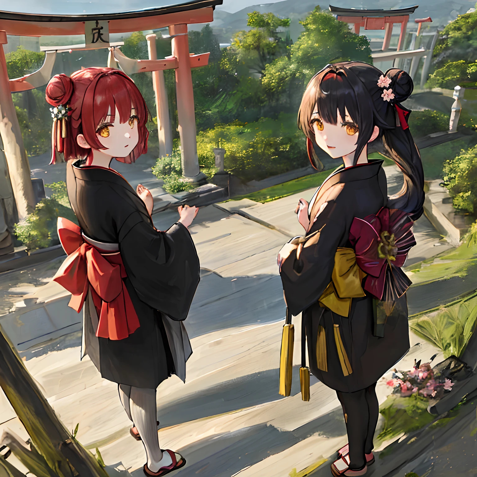 ((masterpiece,best quality)),2girls, black kimono, black legwear, black ribbon, black hair, cherry blossoms, day, flower, hair bun, hair ribbon, japanese clothes, kimono, long hair, looking at viewer, looking back, multiple girls, obi, outdoors, red eyes, red hair, ribbon, sandals, single hair bun, stairs, standing, statue, torii, tree, white kimono, yellow eyes