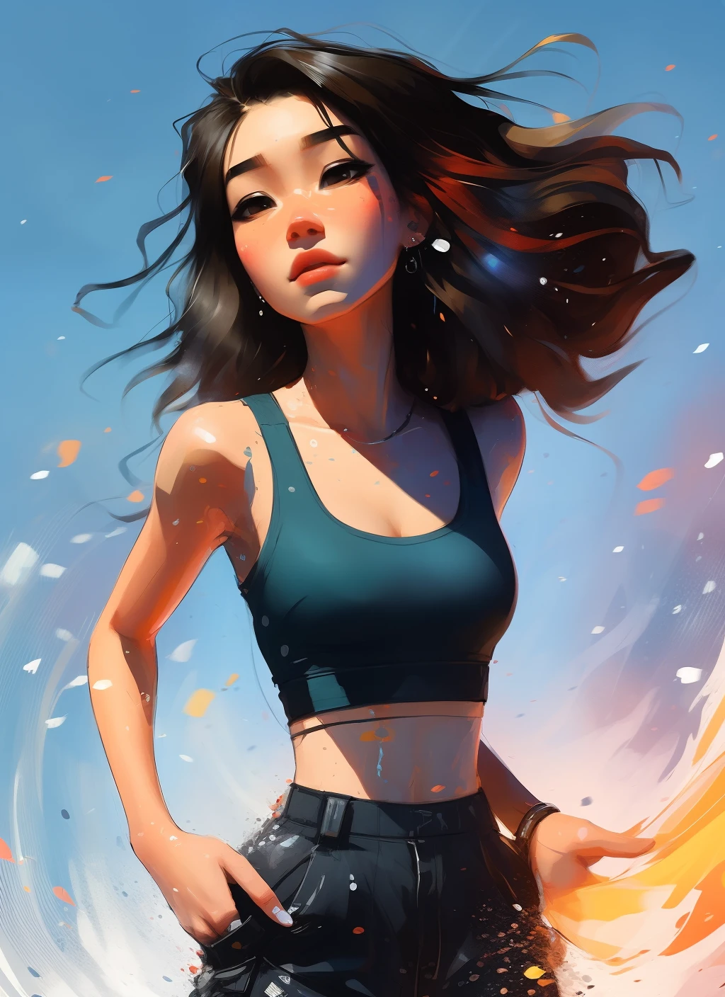 samdoesarts style award winning half body portrait of a beautiful woman in a croptop and cargo pants with ombre navy blue teal hairstyle with head in motion and hair flying, paint splashes, splatter, outrun, vaporware, shaded flat illustration, digital art, trending on artstation, highly detailed, fine detail, intricate