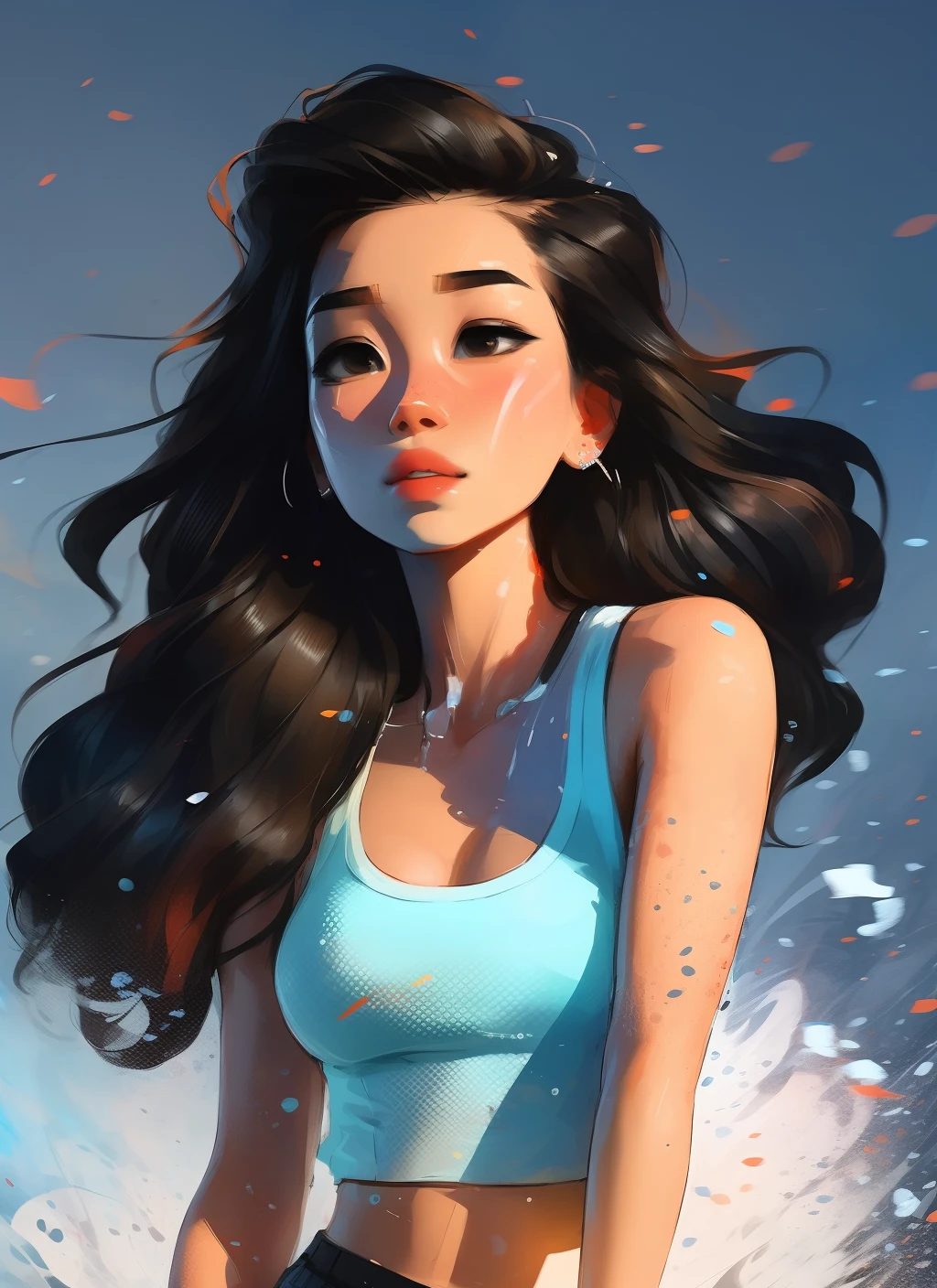 samdoesarts style award winning half body portrait of a beautiful woman in a croptop and cargo pants with ombre navy blue teal hairstyle with head in motion and hair flying, paint splashes, splatter, outrun, vaporware, shaded flat illustration, digital art, trending on artstation, highly detailed, fine detail, intricate