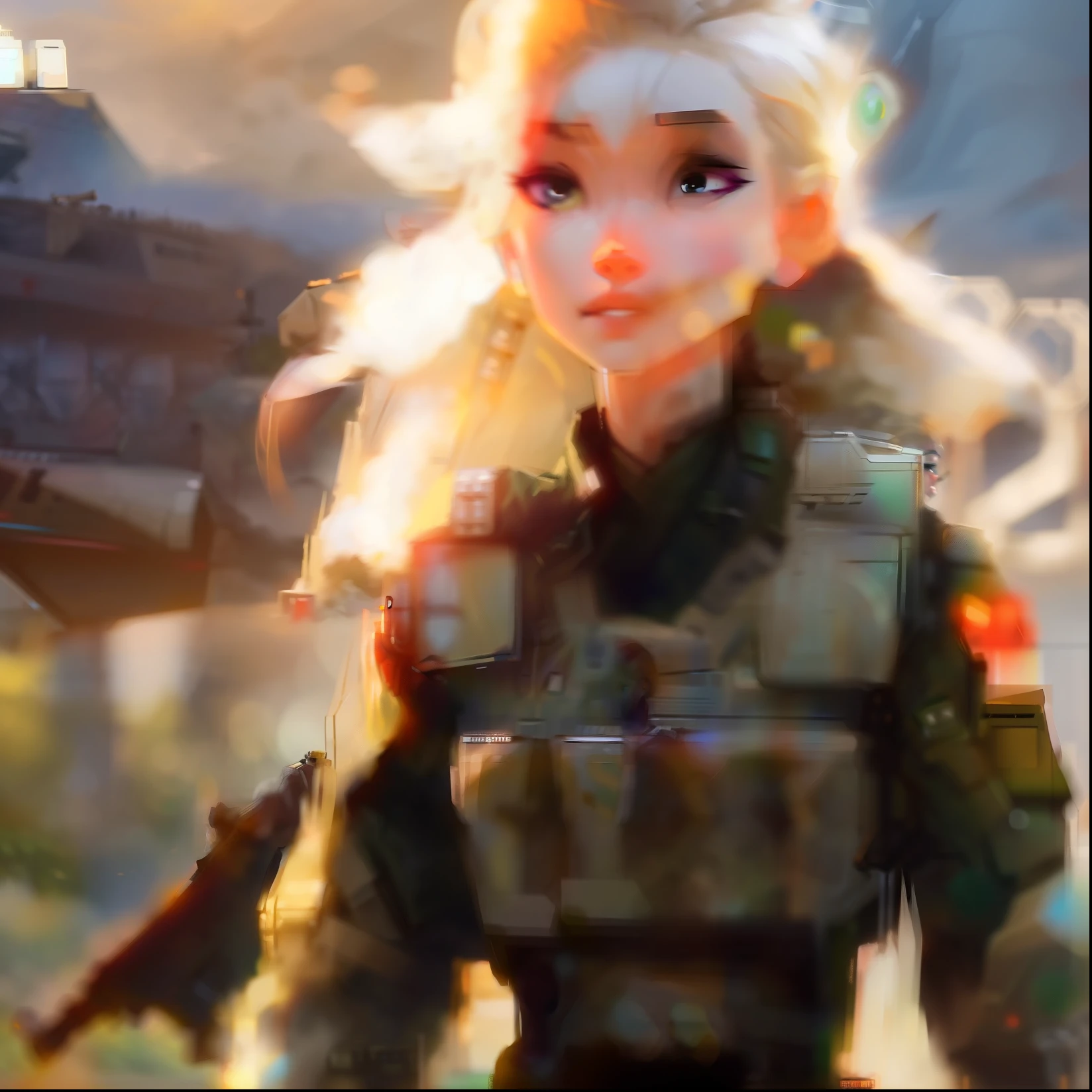 samdoesarts;  an image of woman with short blonde hair, with military gear, cargo pants, (intricate), (detailed), digital art,  dynamic pose, in a battlefield