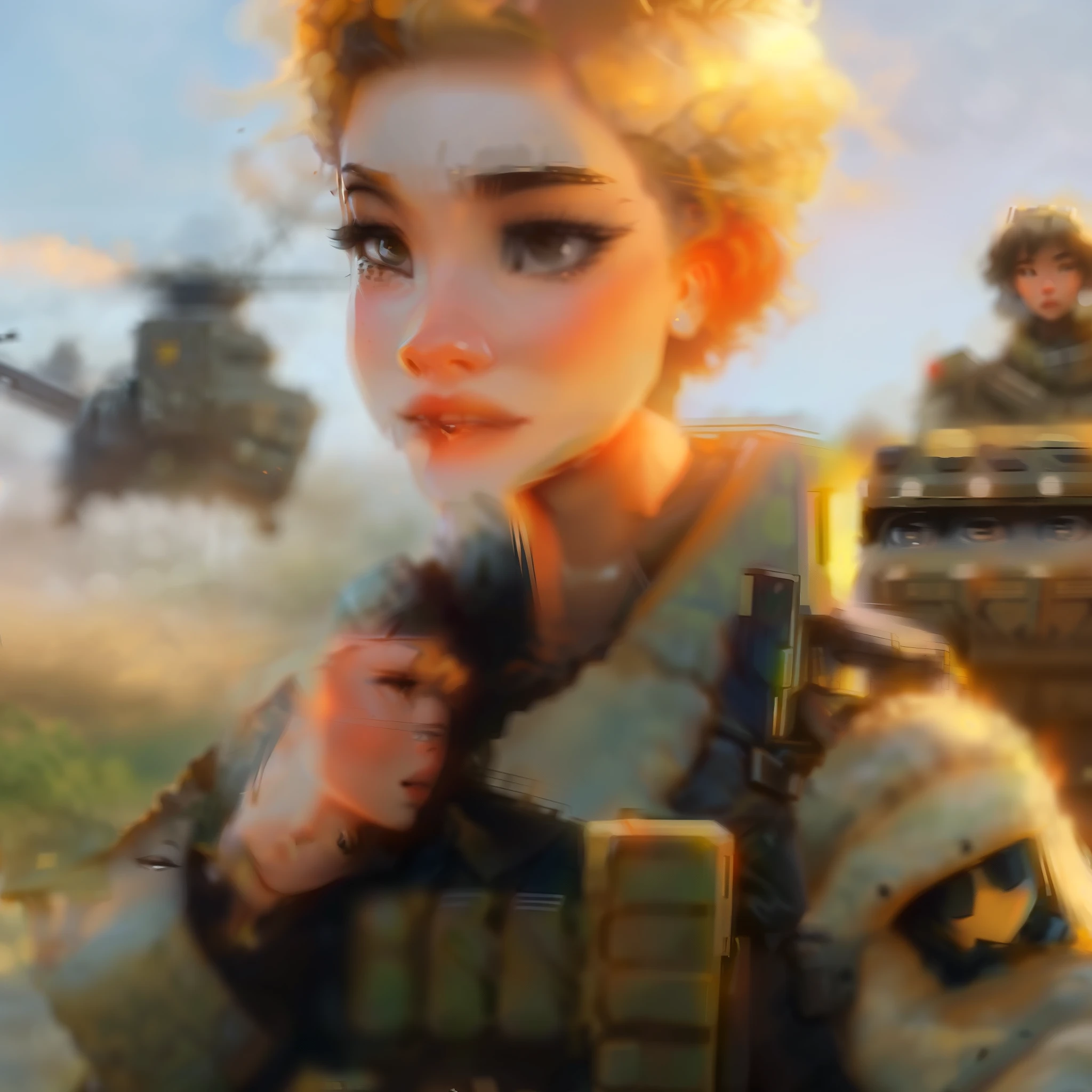 samdoesarts; an image of woman with short blonde hair, with military gear, cargo pants, (intricate), (detailed), digital art, dynamic pose, in a battlefield