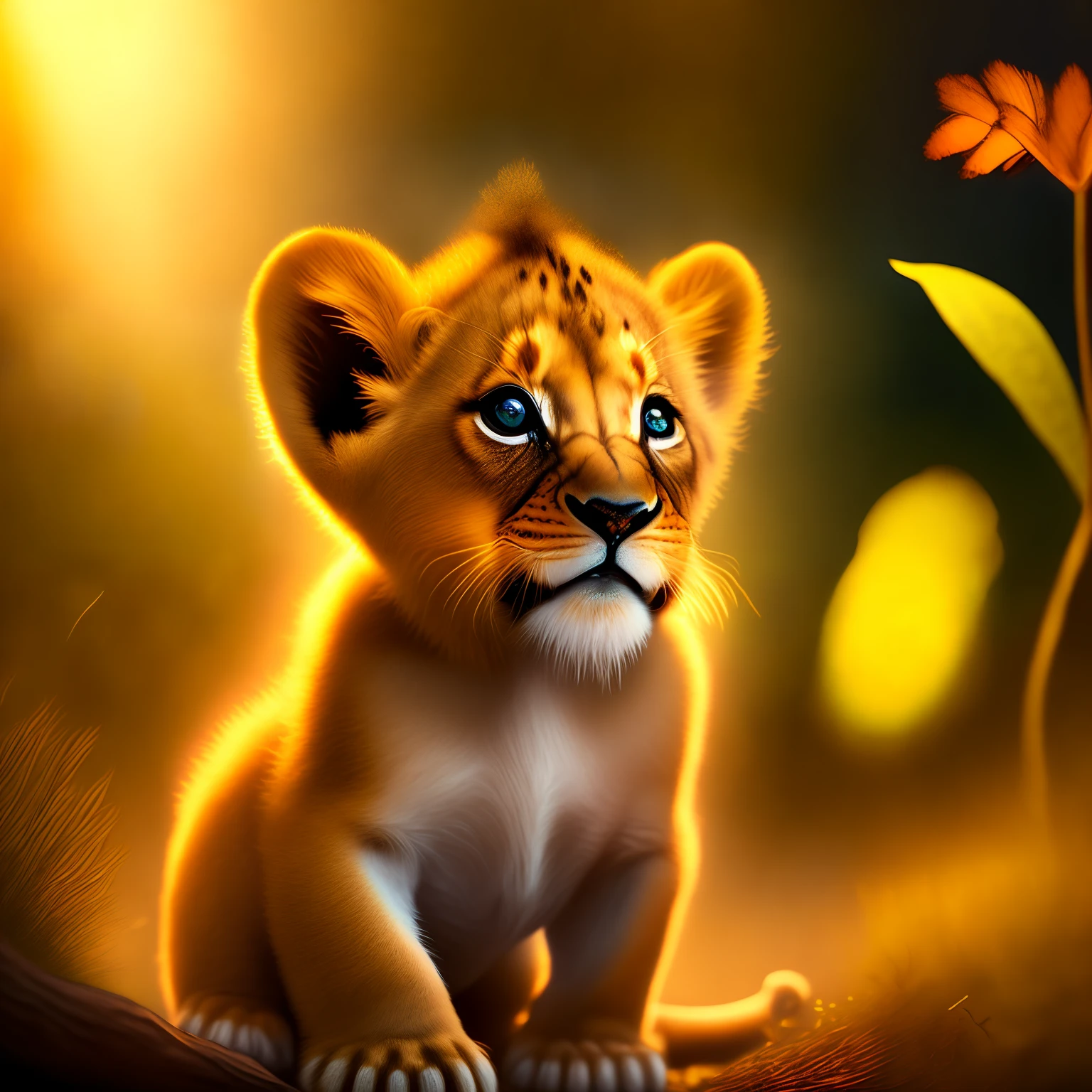 award winning portrait of a happy lion cub in the forest floor, bright beautiful eyes, looking at a backlit butterfly, furry, bokeh, backlit, octane, unreal, epic composition