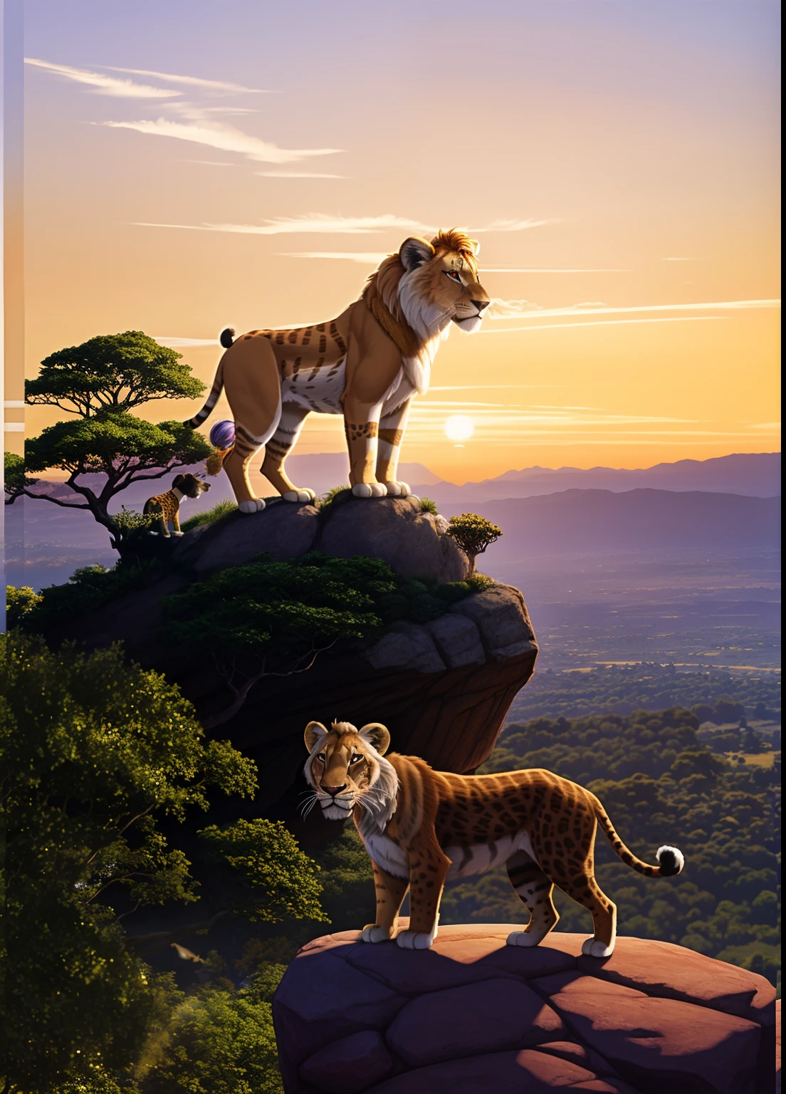 Simba standing on Pride Rock as Rafiki presents him to the animals of the Pride Lands. Mufasa's spirit appears in the sky, reminding Simba of his duty as king.:: carbon fiber::1 dusk::1 panorama::1 michelangelo::1 gold color::1 yarn::1 --v 4 --quality 2