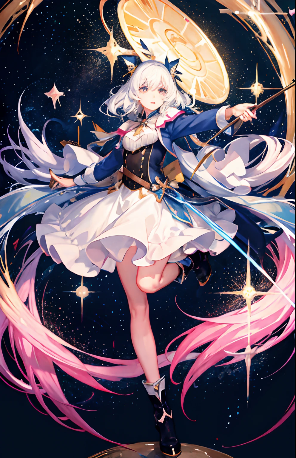 ((magical girl)), ((gorgeous starry sky background)), ((ultra-detailed)), ((best illustration)), ((cinematic lighting)), dynamic angle, floating, finely detailed, (glitter:1.2), (sparkle:1.2), (shine:1.2), classic, (painting:1.1), (sketch:1.1), (best quality), (masterpiece:1.2), (anime style), (solo), beautiful detailed face, (cute face:1.3), (big eyes:1.3), colorful hair, (long hair:1.2), (floating hair:1.2), (magical girl outfit), detailed outfit, (sparkling wand:1.3), (magical effects:1.3), (flowing skirt:1.2), (cute boots:1.1), (transparent fabric:1.1), (twinkle:1.2), (glow:1.2), (radiance:1.2), (flicker:1.2), (dazzle:1.2)