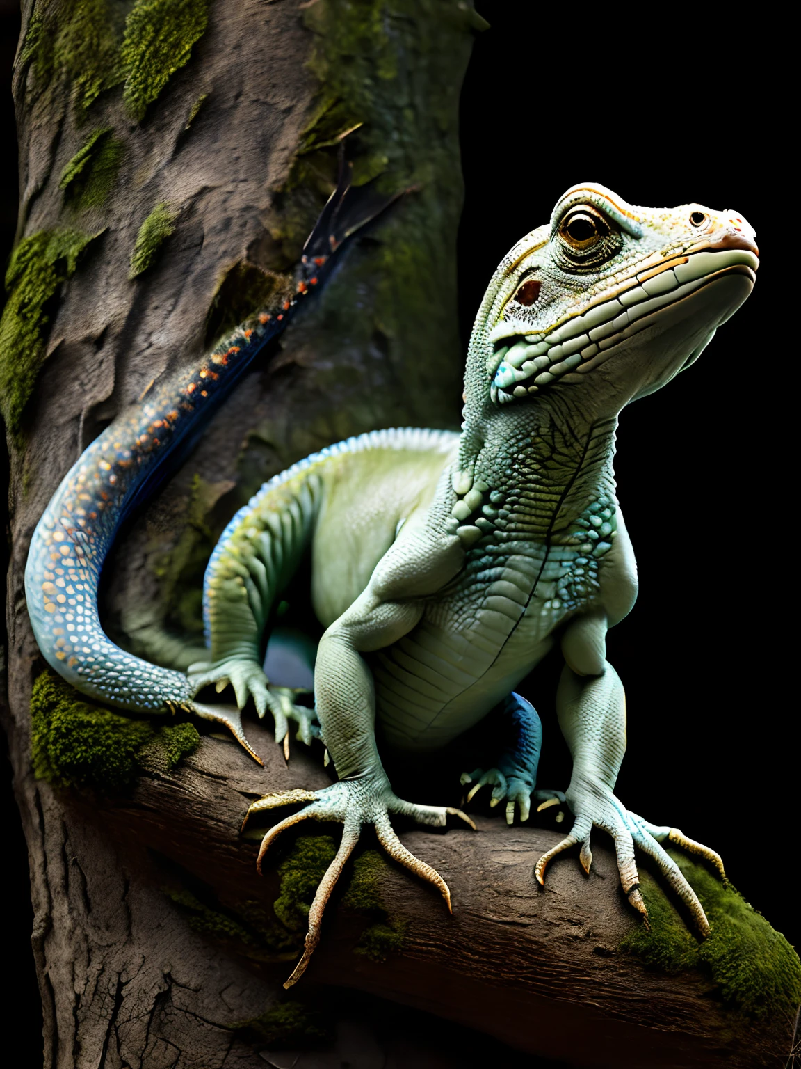 lizard,Attack Posture,On the trunk of the tree,Plaster