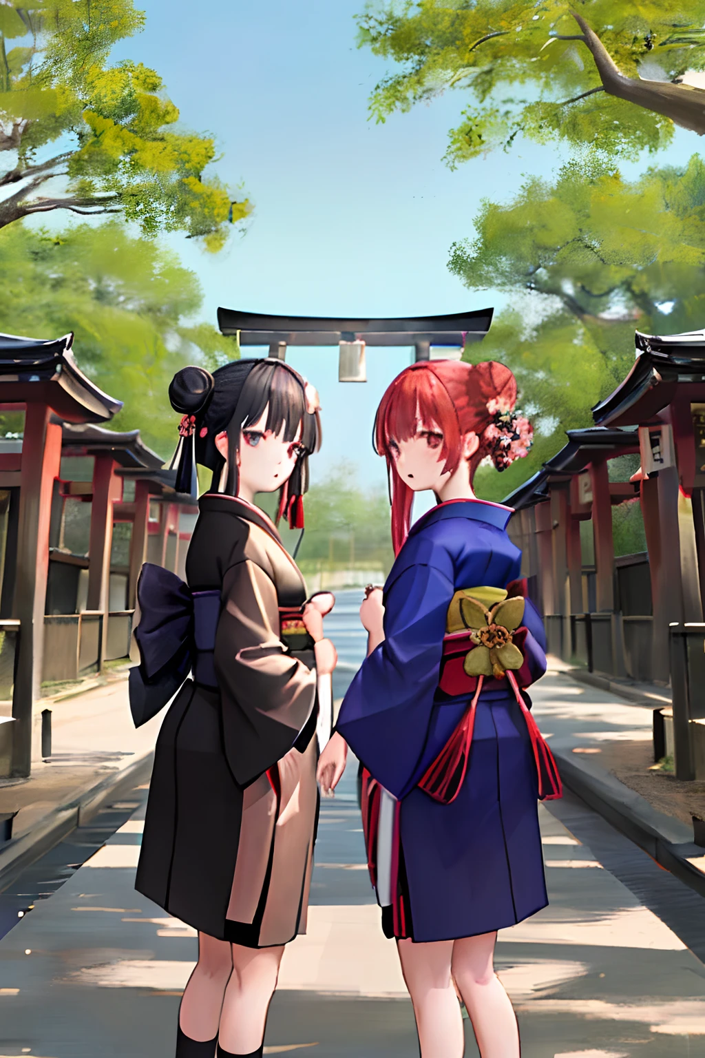 ((masterpiece,best quality)),2girls, black kimono, black legwear, black ribbon, black hair, cherry blossoms, day, flower, hair bun, hair ribbon, japanese clothes, kimono, long hair, looking at viewer, looking back, multiple girls, obi, outdoors, red eyes, red hair, ribbon, sandals, single hair bun, stairs, standing, statue, torii, tree, white kimono, blue eyes