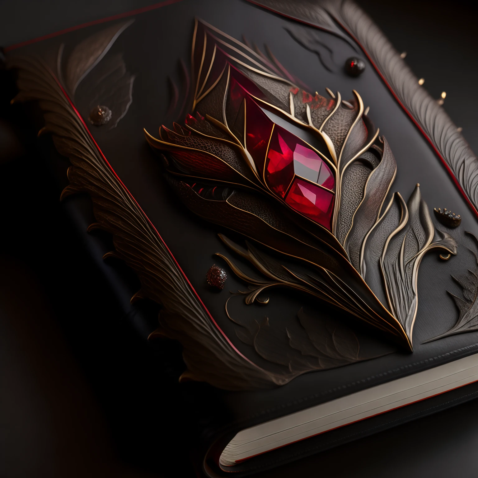 A black leather book covered with dragon scales, inlaid with a red gemstone on the cover.