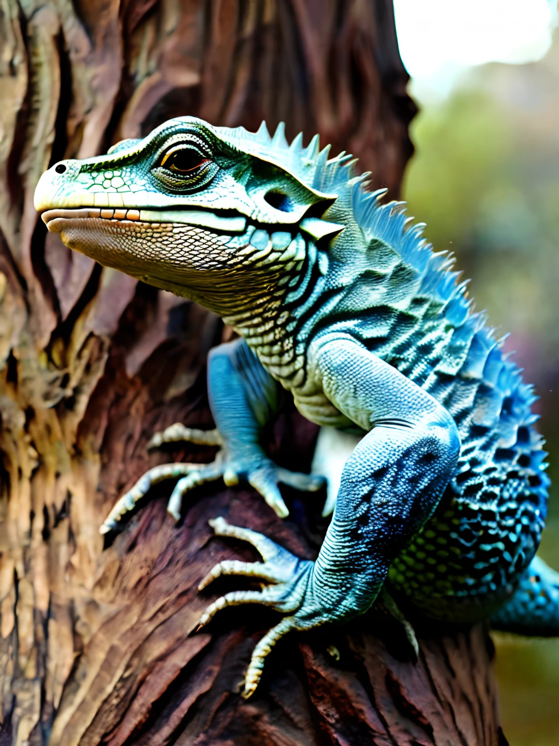 lizard,Attack Posture,On the trunk of the tree,Plaster